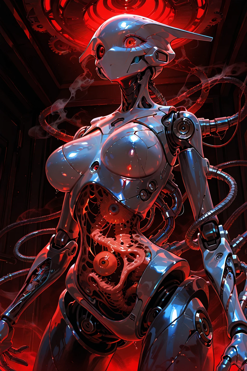 (Masterpiece, top quality, best quality, official art, Beauty and Aesthetics: 1.2), (1 Girl: 1.3), Very Detailed, Colorful, Most Detailed ((Super Detailed)), (Water Surface), (Highly Detailed CG Illustration), (Very Delicate and Beautiful), (From the Side Side), Cinematic Lighting, ((1 Mechanical Girl)), Single, Complete, (Machine-Made Joints: 1.2), ((Mechanical Limbs)), (Many Mechanical Tentacles), (Binding), (Real), (Real, (Buttocks), (Sexy Pose), (Blood Vessels Connected to Tubes), (metal ), (mechanical vertebrae attached to the back), (real breast), (real, (, ((mechanical cervical vertebrae attached to the neck)), (), (expressionless, (wire and cable attached to the neck: 1.2), (wire and cable attached to the head: 1.2) (character focus), science fiction, black background, (slime: 1.5)