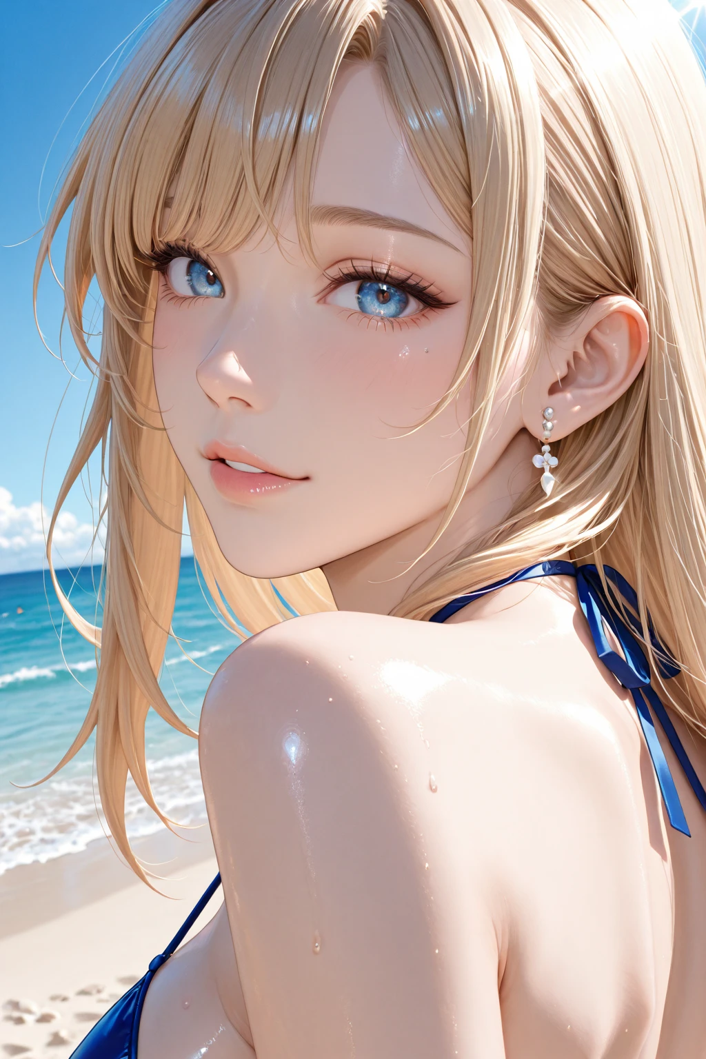 Highest quality、super high quality、16K, Delicious big breasts、Upper Body、The face is smiling and has tongue out, The outfit is a bikini、The location is the beach、 Palm tree、cloud、The pose is with tongue out、 Hair color is random、Hair length is short、The angle is from the side、Close-up shot of the subject、Small face、Very delicate  expressions、Delicate eye depiction、Highly detailed hair、、18-year-old female、Glowing Skin、Soft Skin、