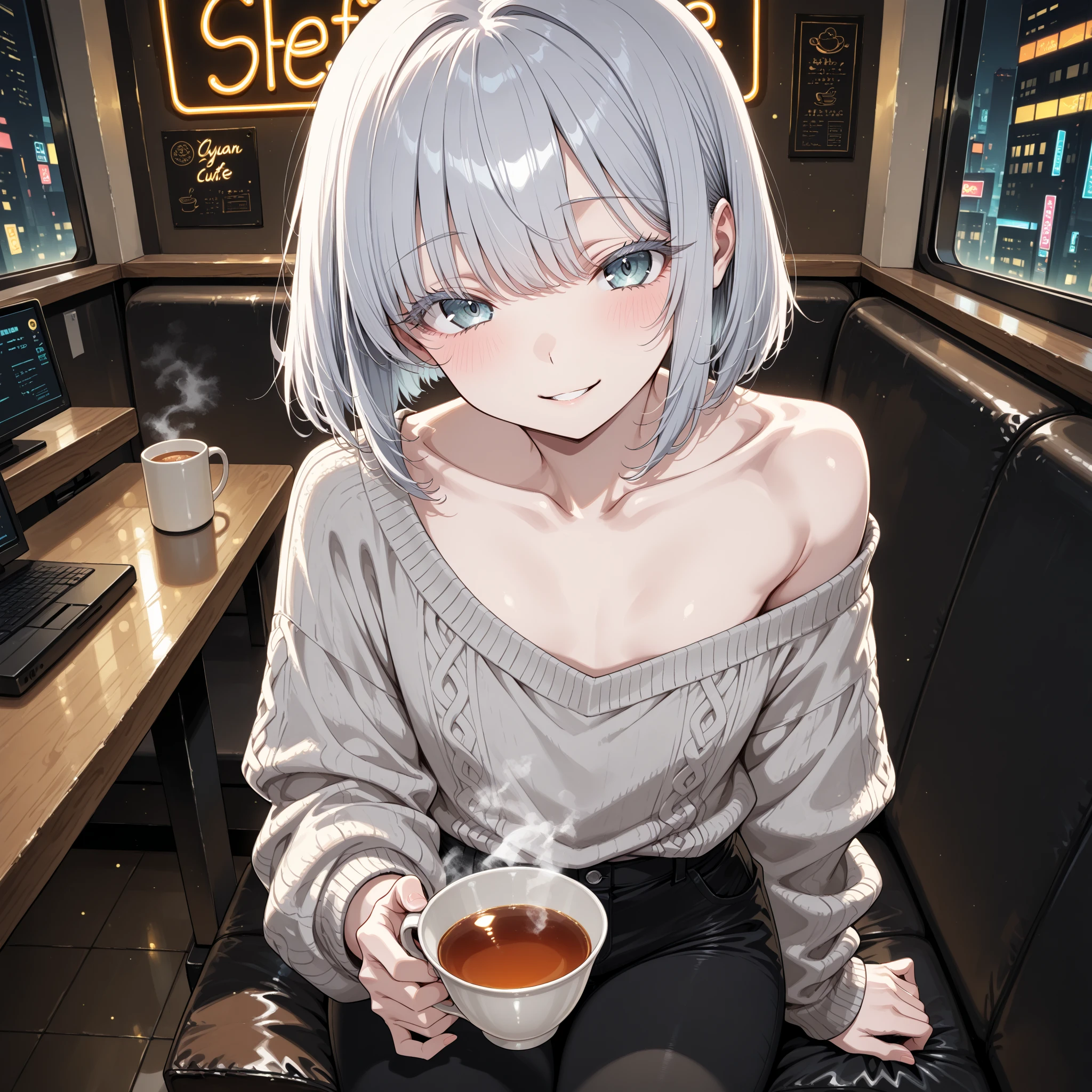 (((1 person　Gray Hair　Sit on the sofa　Crossing your legs　blue eyes)))　((High resolution　short hair　hoodie　Black Skirt　Rin々Funny face))　((Close-up))　((Blue butterfly　Asahi　Shining Aura　Catch the wind　Holding a cup　Drink coffee))　(smile　Bathed in light)　Shining Background　Shining Edge