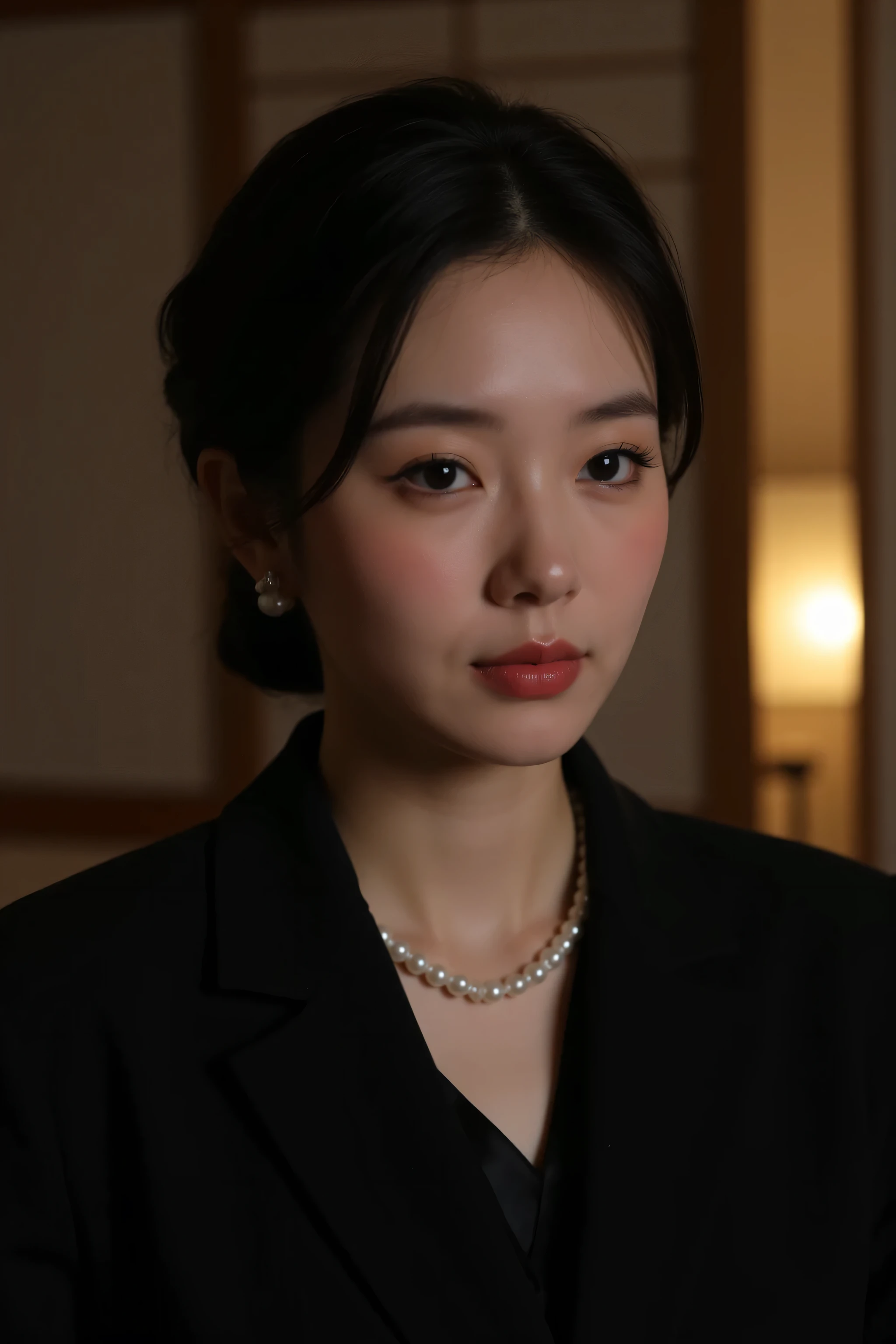 (top quality、greatest masterpiece、8k、best image quality、winning works)、(beautiful 40 year old mature woman:1.4)、 perfect and beautiful composition 、(Black Long Sleeve Jacket:1.2)、(black U-neck inner shirt:1.4)、(disconnect:1.2)、Wrinkled old face、big boobs、(formal chignon :1.2)、(face close-up:1.3)、(Perfect Large Pearl Necklace:1.3)、(Nexless is one:1.3)、standing gracefully、Modest Light Makeup、 super high resolution beautiful face 、ultra high definition hair、super high resolution sparkling eyes、super high resolution gloss slip、accurate anatomy、(It's dark、Elegant Japanese-style Room Background with Outstanding Forehead:1.5)、(dim Japanese-style room with only warm lamp lights:1.5)、(Older face without a sad expression :1.5)、sliding door、Shoji screen、tatami、(Warm lamp backlighting:1.5)、(Lamp with Exposed Forehead:1.5)