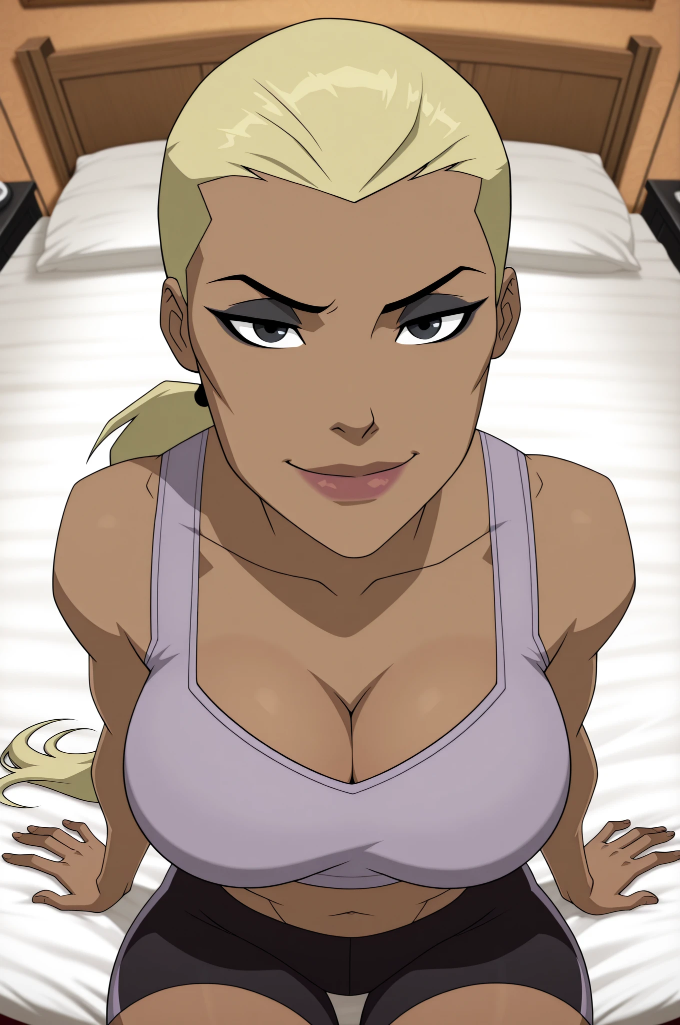 perfect composition, full body, solo, shadows, shading, <lora:anime_screencap-Illustrious:0.65> anime screencap, anime coloring, very aesthetic, absurdres, zPDXL, <lora:Pony_DetailV2.0:0.5> <lora:illustrious_quality_modifiers_masterpieces_v1:1>
<lora:A2rt_fix:1> art3m1s1l, 1girl, low ponytail, hair tie, hair slicked back, female focus, looking at viewer, half-closed eyes, sassy expression, annoyed, defined lips, teeth, posing for photo, (middle finger, outstretched arm), breast hold, sitting on knees, (wariza),
breasts, armpit hair, navel, hips, bare thighs, pubic hair peek, natural pubic hair, barefoot,
bandaid, bandaid on pussy, bandaids on nipples
white background, simple background,