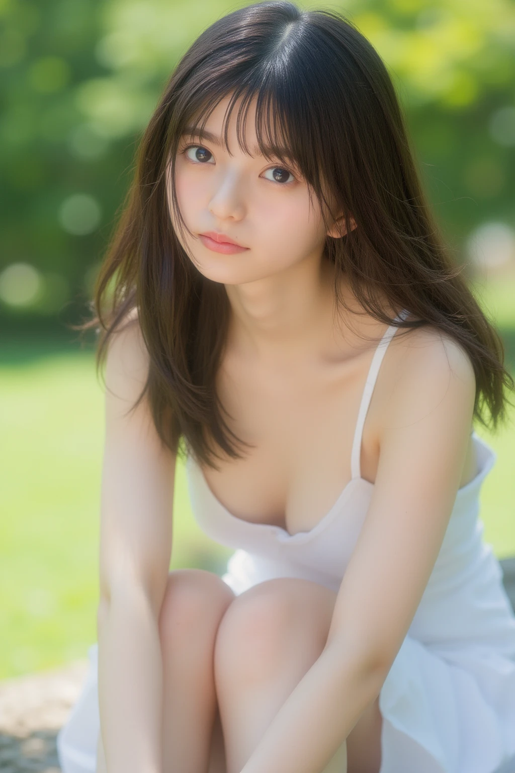 ((((detailed explanation)))),(((masterpiece、Highest quality、Very detailed:1.42、Focus on the eyes)))、Female in her late teens、Portraiture、Blurred cityscape at dusk、Silhouette of buildings and street lights Long dark brown hair、natural wavy curls、The wind is blowing softly、Hair falls down the side of the face、Skin is smooth、Healthy olive color、The tan lines are faintly visible、Natural redness on the cheeks、I have a few small laugh lines on my forehead.、Eyes with dark brown irises、The pupil is shining, Reflect light、Long curled eyelashes、Accentuate the eyes、Eyebrows are thin and trimmed、Natural Arch、Small Nose、straight、straight nose、lips are plump、soft pink lip gloss、Ultra-thin camisole、Barefoot and ???? legs、A simple silver bracelet on her right wrist、A small diamond earring sparkles in her left ear...、The expression is calm、Be confident、smile、(((Emphasize the contrast between light and shadow)))、Realistic textures and facial details