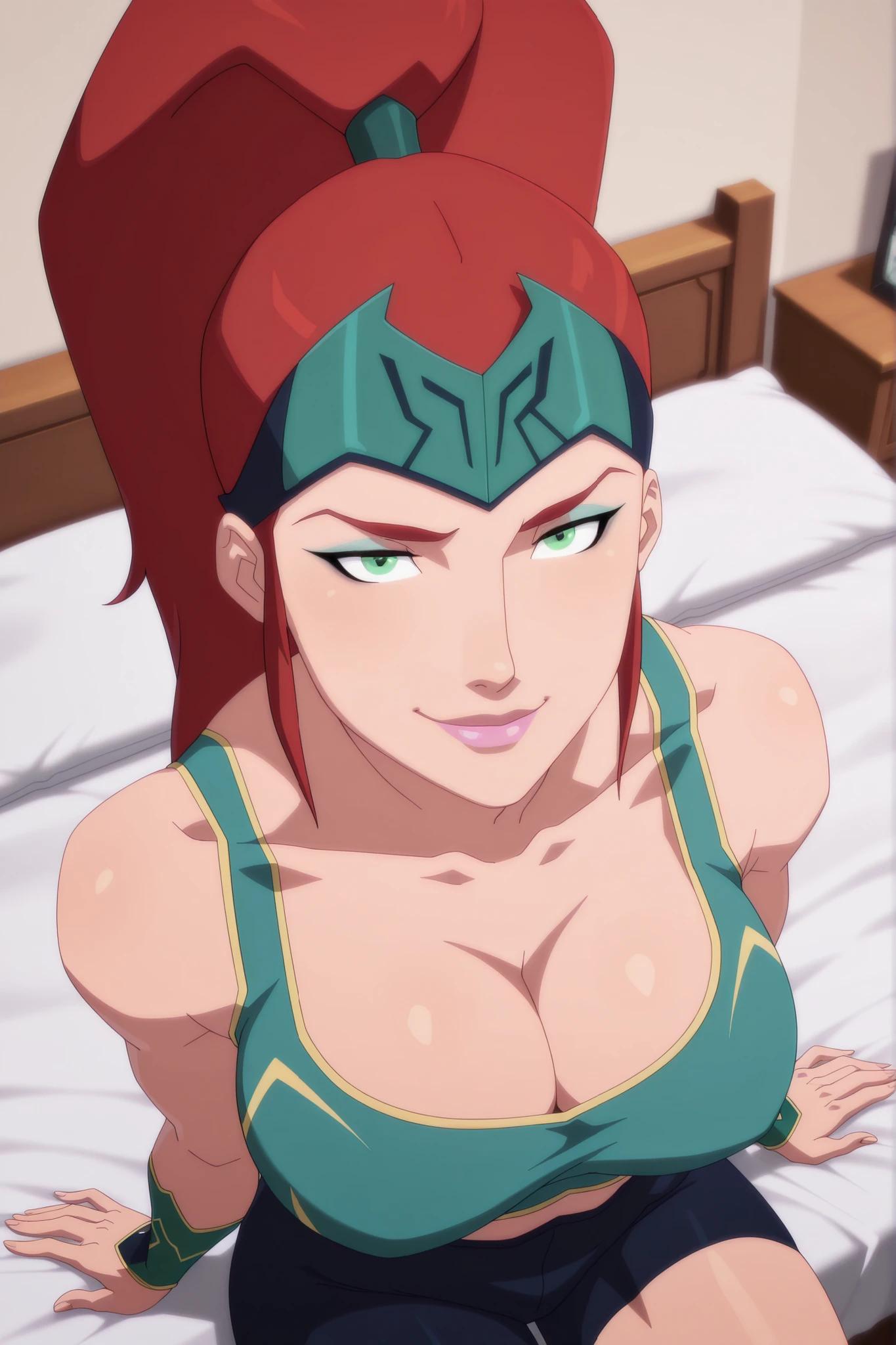 BREAK, score_6_up, score_7_up, score_8_up, score_9, 1girl, solo, m3r4atl4nt1s, long hair, red hair, ponytail, green eyes, large breasts, cleavage, curvy, athletic, pink lipstick, makeup, looking at viewer, seducing viewer, teasing viewer, smile, closed mouth, seductive expression, bedroom eyes, busty, aqua blue sports bra, aqua blue bike shorts, indoors, bedroom, sitting on bed, portrait, upper body, closeup, high-angle view, aqua blue eyeshadow, black eyeliner, black mascara