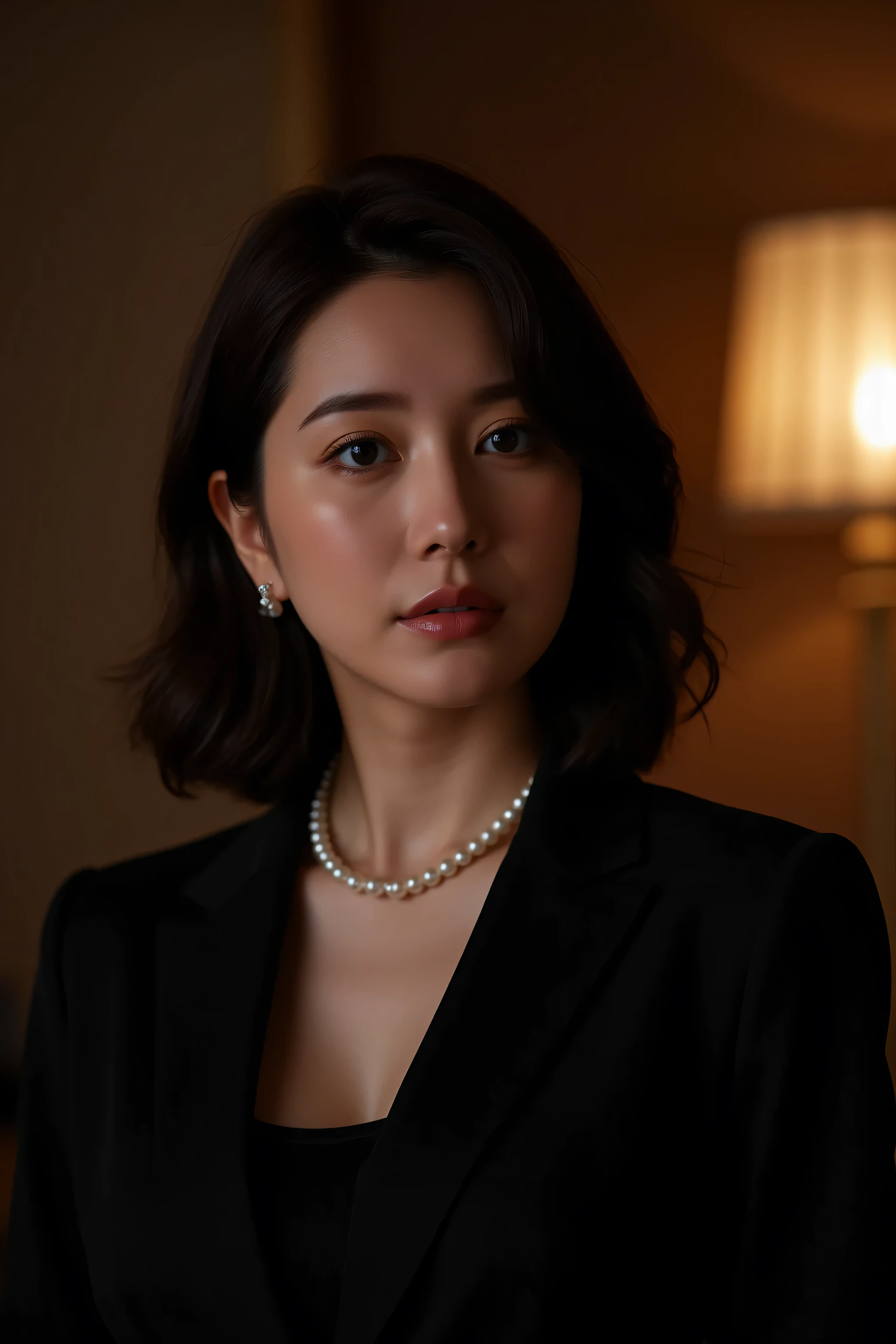 (Highest Quality、greatest masterpiece、8k、best image quality、winning works)、(beautiful 40 year old mature woman:1.4)、 Perfect and beautiful composition 、(Black Long Sleeve Jacket:1.2)、(black U-neck inner shirt:1.4)、(Disconnect:1.2)、Wrinkled Old Face、big boobs、(formal short hair :1.2)、(face close-up:1.3)、(PERFECT LARGE PEARL NECKLACE:1.3)、(Nexless is one:1.3)、standing gracefully、Modest Light Makeup、 Ultra High Resolution Beautiful Face 、ultra high definition hair、Super High Resolution Sparkling Eyes、Super Hi-Res Gloss Lip、Accurate Anatomy、(It's dim、Elegant Japanese-style room background that makes your forehead stand out:1.5)、(dim Japanese-style room with only warm lamp lights:1.5)、(Aged Face with No Sad Expressions :1.5)、sliding door、Shoji screen、tatami、(warm lamp backlight:1.5)、(lamp that exposes the forehead:1.5)