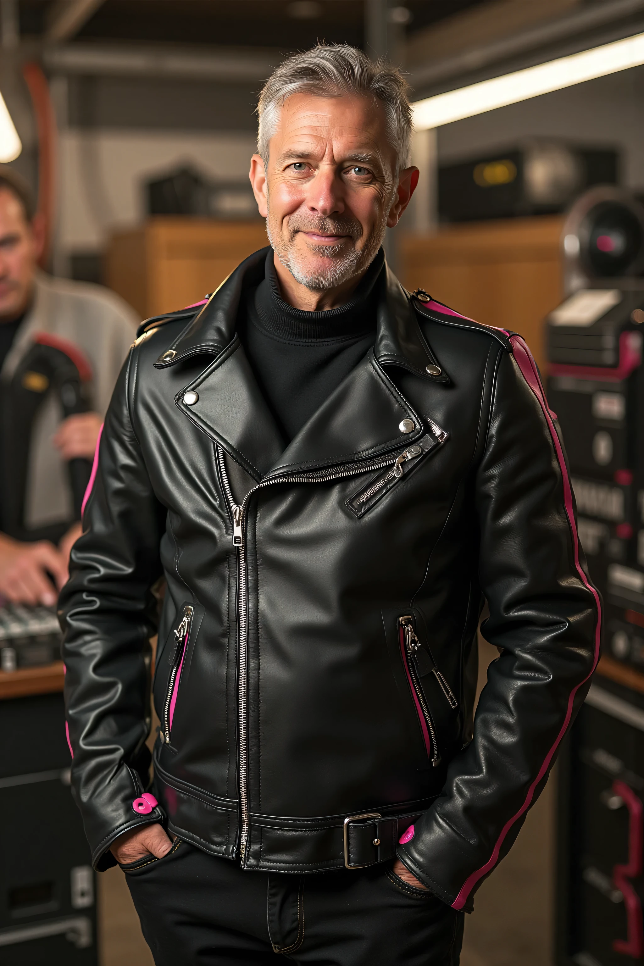 brit1960smoto,A middle-aged man wearing a black leather jacket with intricate silver zippers and pink accents represented as bright lines and curves, standing proudly in his high-end workshop surrounded by custom-made electronic systems, the atmosphere is professional and luxurious with warm lighting