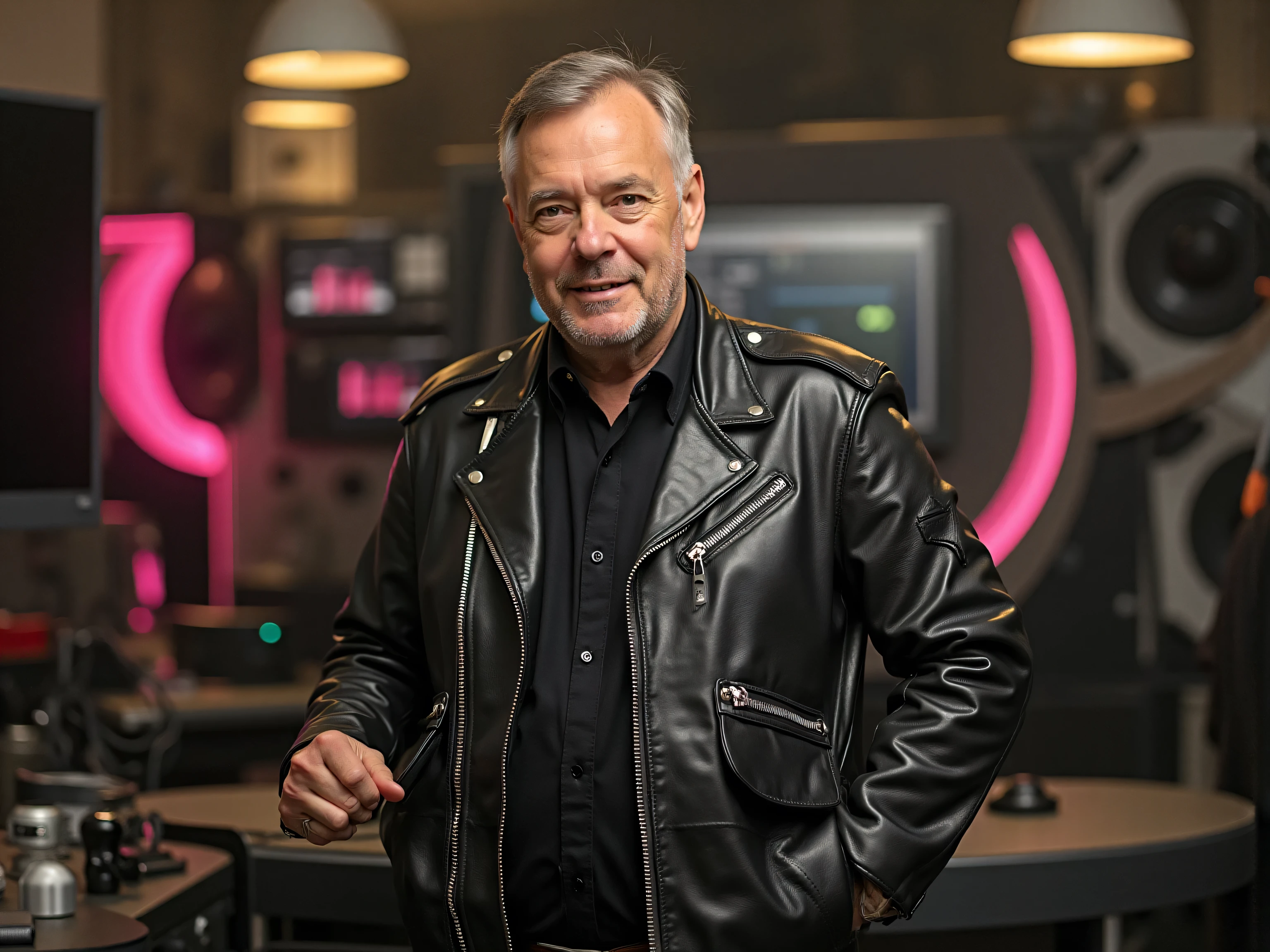 brit1960smoto,A middle-aged man wearing a black leather jacket with intricate silver zippers and pink accents represented as bright lines and curves, standing proudly in his high-end workshop surrounded by custom-made electronic systems, the atmosphere is professional and luxurious with warm lighting