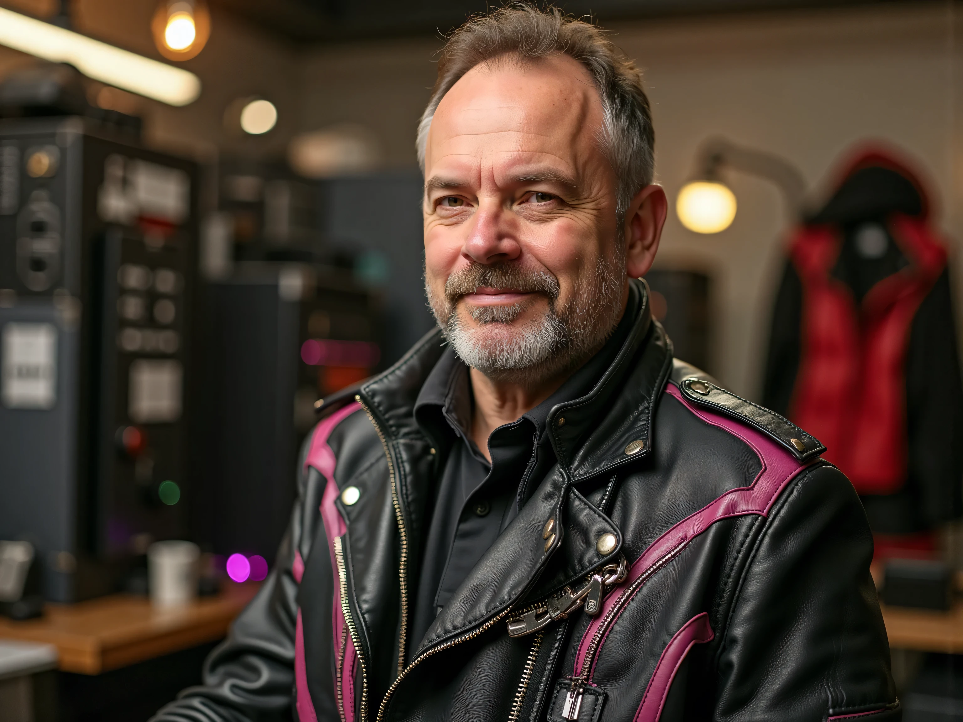 brit1960smoto,A middle-aged man wearing a black leather jacket with intricate silver zippers and pink accents represented as bright lines and curves, standing proudly in his high-end workshop surrounded by custom-made electronic systems, the atmosphere is professional and luxurious with warm lighting