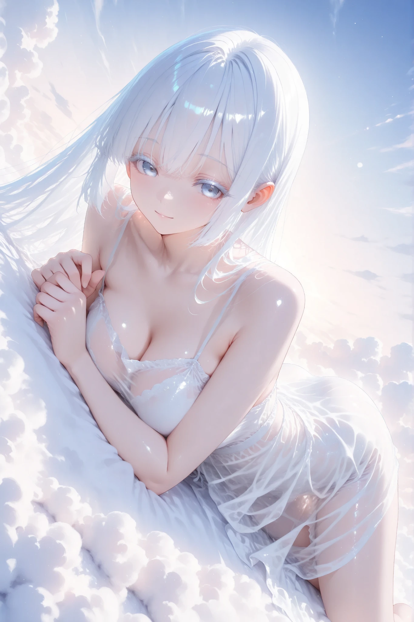 aria, white hair, white eyelashes, see through clothing, dreamy atmosphere, Lying on top of the clouds