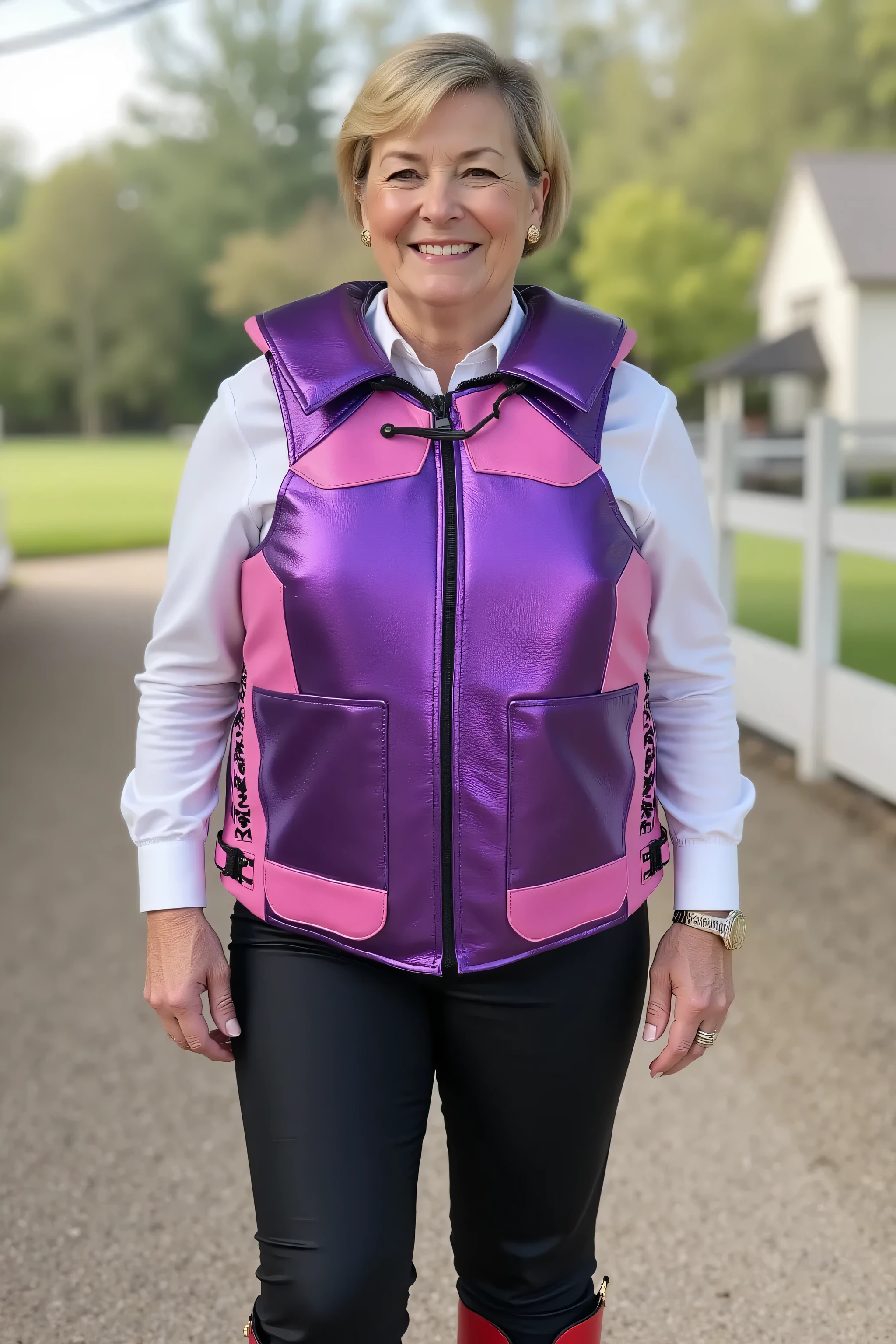 a 58 year old woman that is 240 pounds wearing a purple and pink metallic leather horse riding vest, the vest is bulky and has thick rigid protective pads, the  pockets are purple metallic leather, the vest is pink metallic leather, the vest has lace details on the sides, the woman wears long black leather pants, the woman wears red riding boots with spurs