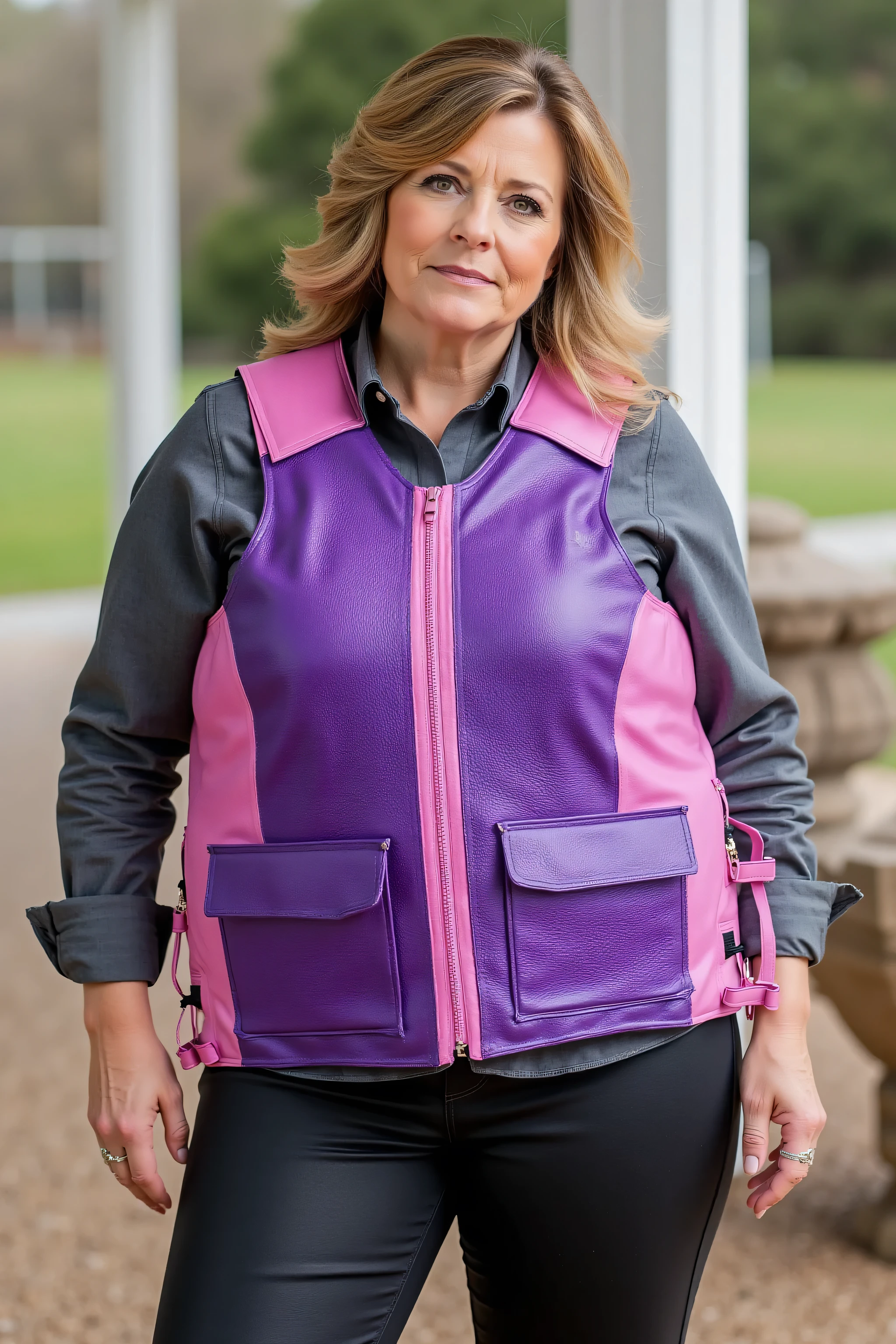 a 58 year old woman that is 240 pounds wearing a purple and pink metallic leather horse riding vest, the vest is bulky and has thick rigid protective pads, the  pockets are purple metallic leather, the vest is pink metallic leather, the vest has lace details on the sides, the woman wears long black leather pants, the woman wears red riding boots with spurs