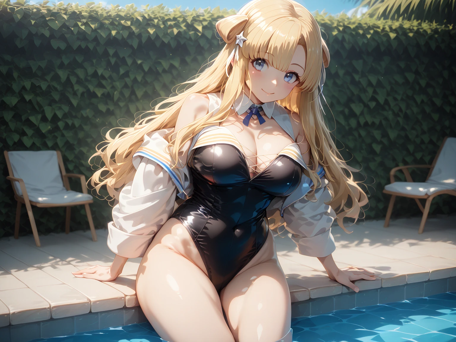 1 woman, HD quality, (??????:1.3), (??????:1.3), (drooling:1.3), steam, sheer white long thigh-high socks, sheer white satin long gloves, (glowing eyes), best ratio four finger and one thumb,  (?????????????), cleavage, (sitting on a poolside with one knee up), (showing  pubic area), Green eyes, (microbikini swimsuit),  (under boob:1.5),  (black high-heeled shoes)