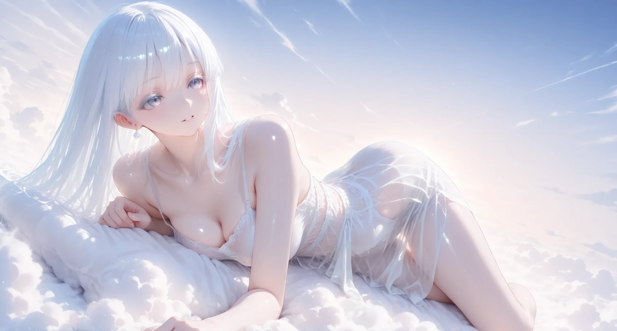 aria, white hair, white eyelashes, see through clothing, dreamy atmosphere, Lying on top of the clouds