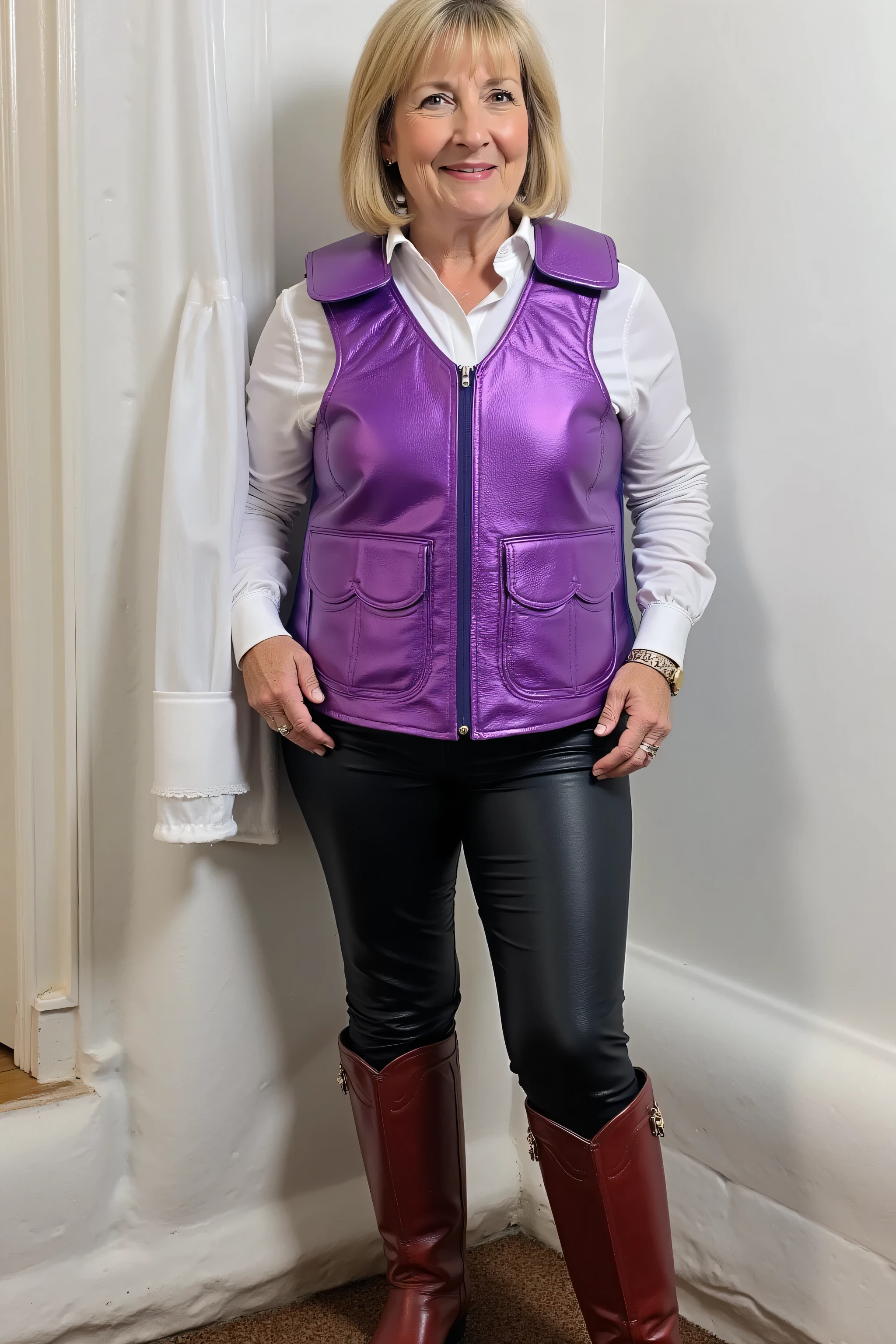 a 58 year old woman that is 240 pounds wearing a purple and pink metallic leather horse riding vest, the vest is bulky and has thick rigid protective pads, the  pockets are purple metallic leather, the vest is pink metallic leather, the vest has lace details on the sides, the woman wears long black leather pants, the woman wears red riding boots with spurs