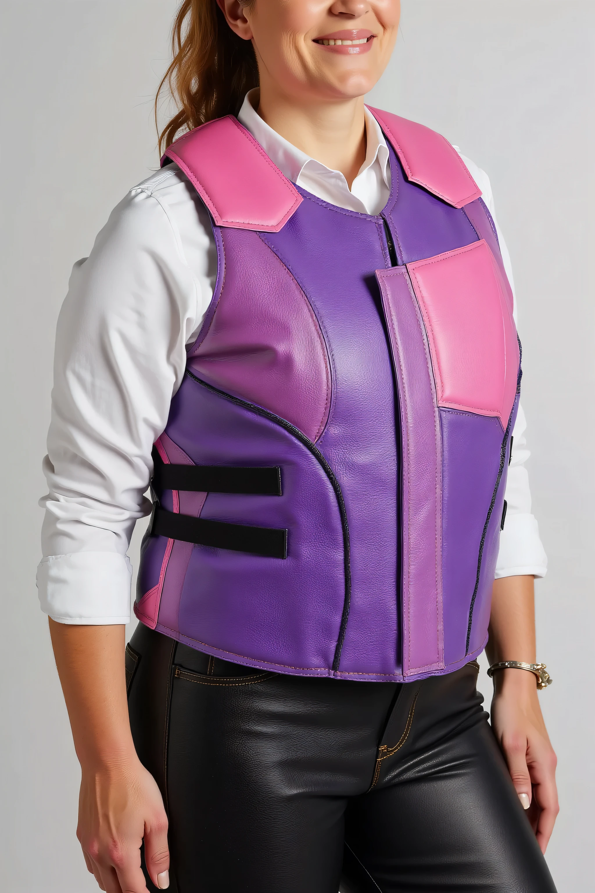 a 58 year old woman that is 240 pounds wearing a purple and pink metallic leather horse riding vest, the vest is bulky and has thick rigid protective pads, the pockets are purple metallic leather, the vest is pink metallic leather, the vest has lace details on the sides, the woman wears long black leather pants, the woman wears red riding boots with spurs