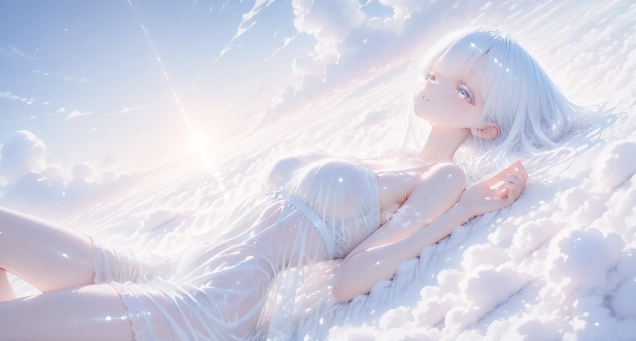 aria, white hair, white eyelashes, see through clothing, dreamy atmosphere, Lying on top of the clouds