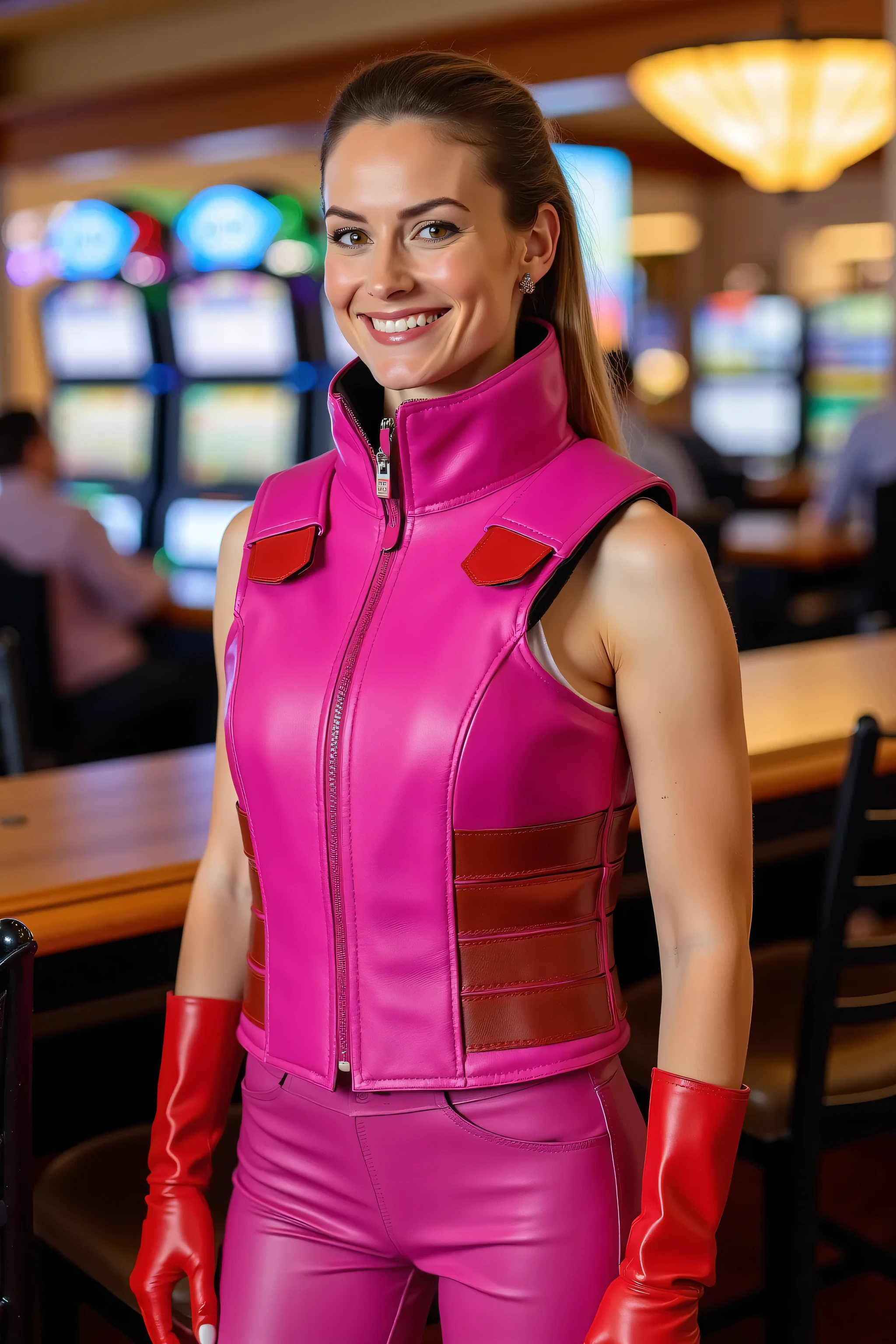 a 34 year old thin woman wearing a bright pink leather horse riding vest that is thickly padded with rigid protective inserts, the vest has aggressive neck support with a thick collar that is high tight and thickly padded, a red strap around the collar fastens it around her neck, the woman is in a casino the woman wears red boots and pink leather pants, the camera is set to a wide angle as the photograph is taken near a bar and slot machines