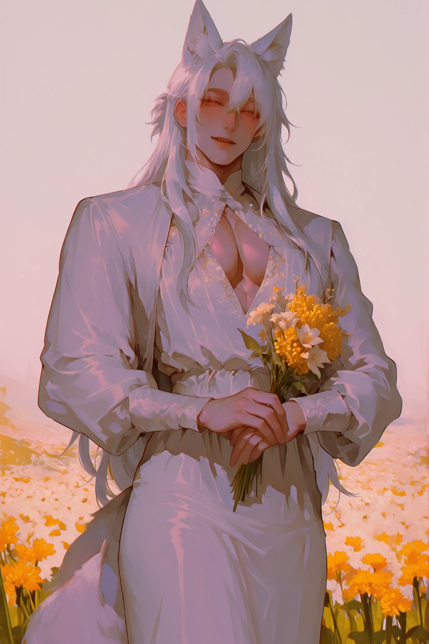 (Only a man) a chubby man, very long white hair, low column, white fox ears,  Young Beautiful Face , beautiful body,    soft skin ,    soft body    ,large pectoral muscles ,  Toned hips , tender eyes, smiling happily,  wearing an evening dress  , dress. flower field background. Hugging a bouquet of rapeseed.