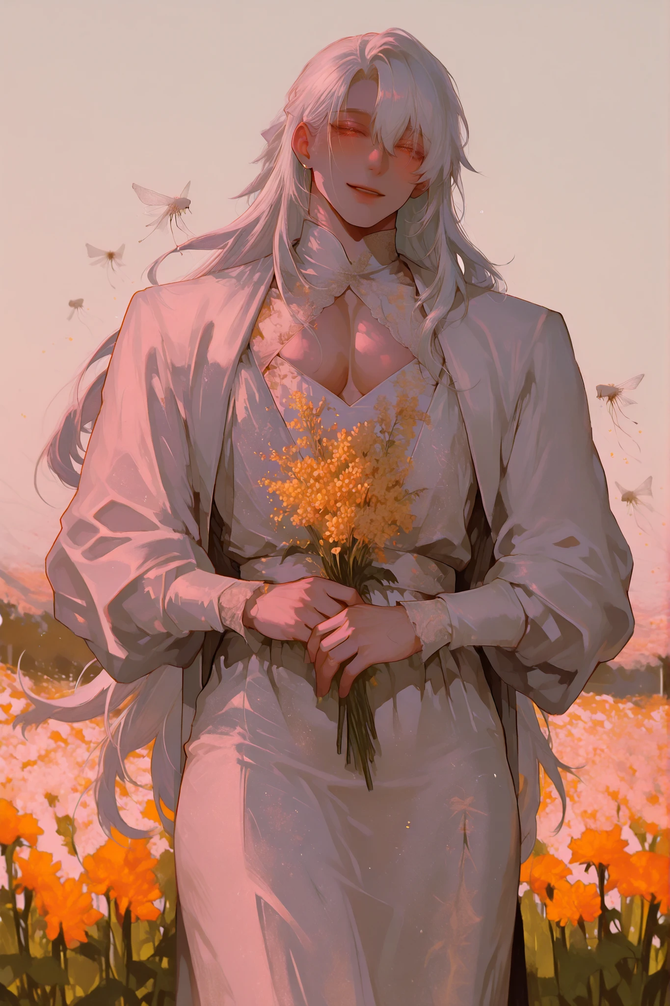 (Only a man) a chubby man, very long white hair flies softly,  white fox falls down,   Young Beautiful Face , beautiful body,    soft skin ,    soft body    ,large pectoral muscles ,  Toned hips , tender eyes, smiling happily,  wearing an evening dress  , dress. flower field background. Hugging a bouquet of rapeseed.