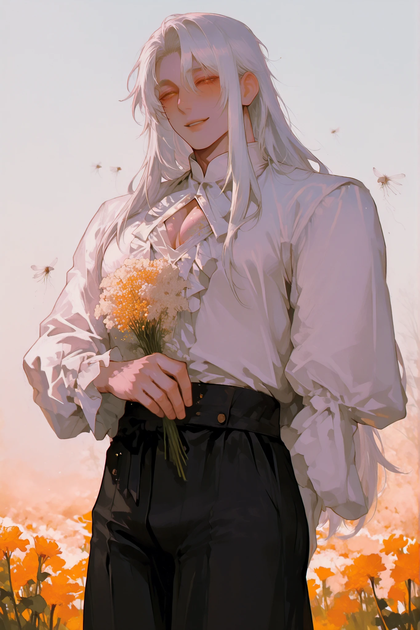 (Only a man) a chubby man, very long white hair flies gently, white fox falls down, Young Beautiful Face , beautiful body, soft skin , soft body ,large pectoral muscles , Toned hips , tender eyes, smiling happily, white shirt with ruffle sleeves, black pants with hips. flower field background. Hugging a bouquet of rapeseed.