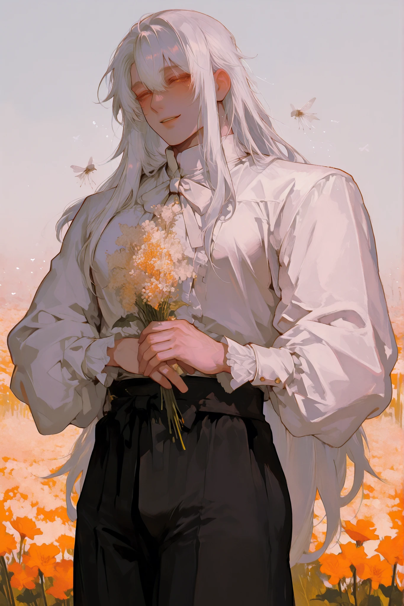 (Only a man) a chubby man, very long white hair flies gently,  white fox falls down,   Young Beautiful Face , beautiful body,    soft skin ,    soft body    ,large pectoral muscles ,  Toned hips , tender eyes, smiling happily,  white shirt with ruffle sleeves, black pants with hips. flower field background. Hugging a bouquet of rapeseed.
