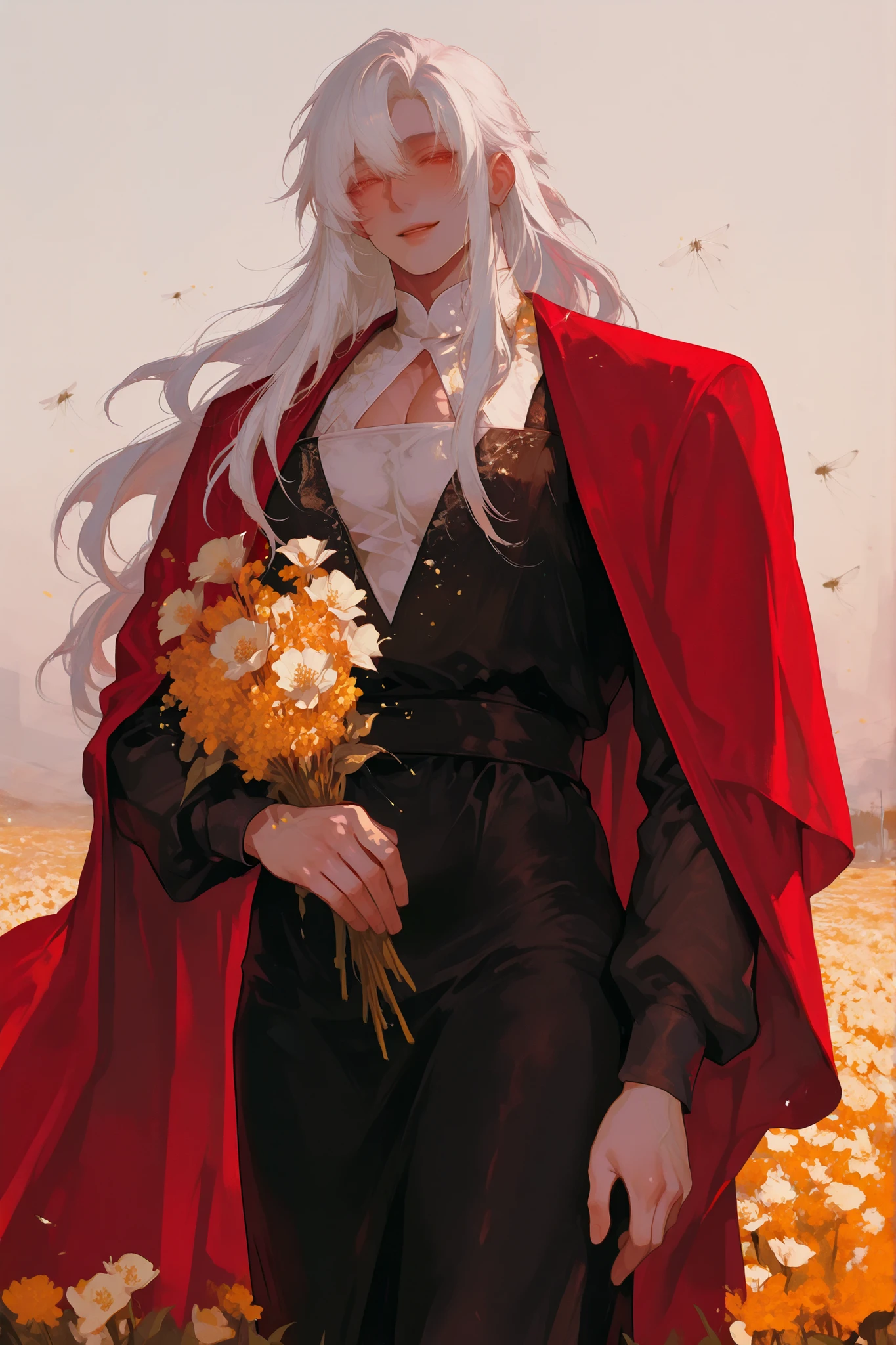 (Only a man) a chubby man, very long white hair flies gently,  white fox falls down,   Young Beautiful Face , beautiful body,    soft skin ,    soft body    ,large pectoral muscles ,  Toned hips , tender eyes, smiling happily,  wearing an evening dress  , dress , red fur cape. flower field background. Hugging a bouquet of rapeseed, High wind.