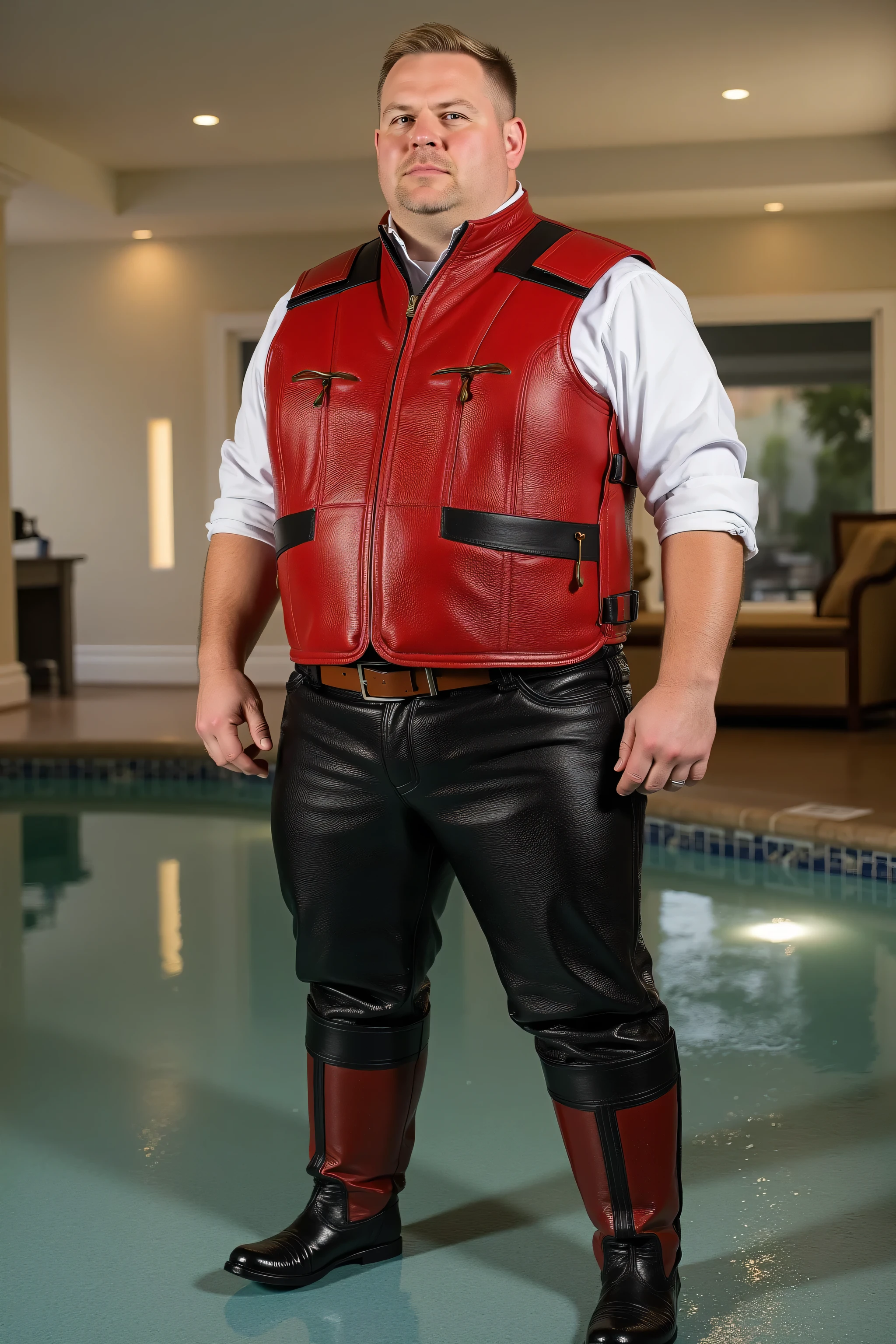 a 58 year old fat white man wearing a wet muddy pair of thick black leather pants that cling to his legs, wearing a red and gold metallic equine horse riding vest that is very heavy thick stiff and durable leather, the mans vest has a high tight collar, the man wears black and red leather riding boots, the man is standing in a shallow pool of water in a hotel, indoor pool, wet clothing
