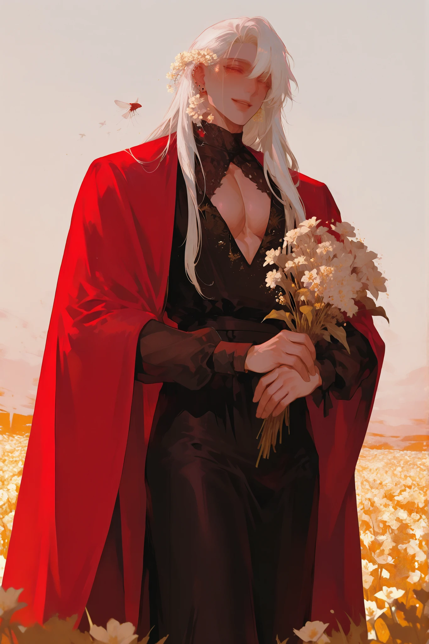 (Only a man) a chubby man, very long white hair flies softly,   Young Beautiful Face , beautiful body,    soft skin ,    soft body    ,large pectoral muscles ,  Toned hips , tender eyes, smiling happily,  wearing an evening dress  , dress , red fur cape. flower field background. Hugging a bouquet of rapeseed, High wind. flowers in hair , ear piercings.