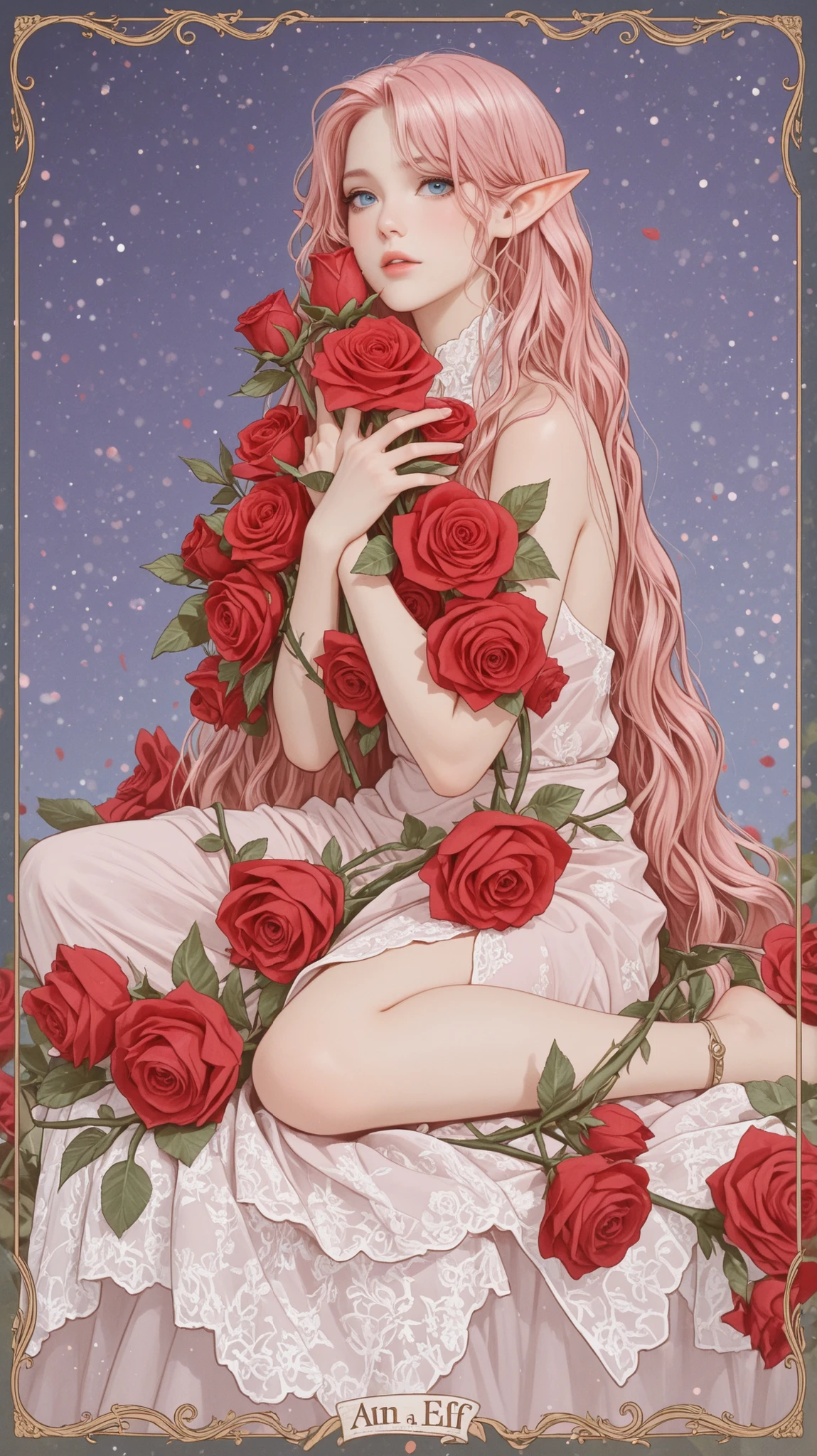 Draw a woman with pink hair, long, wavy hair, blue eyes, an elf, holding roses.