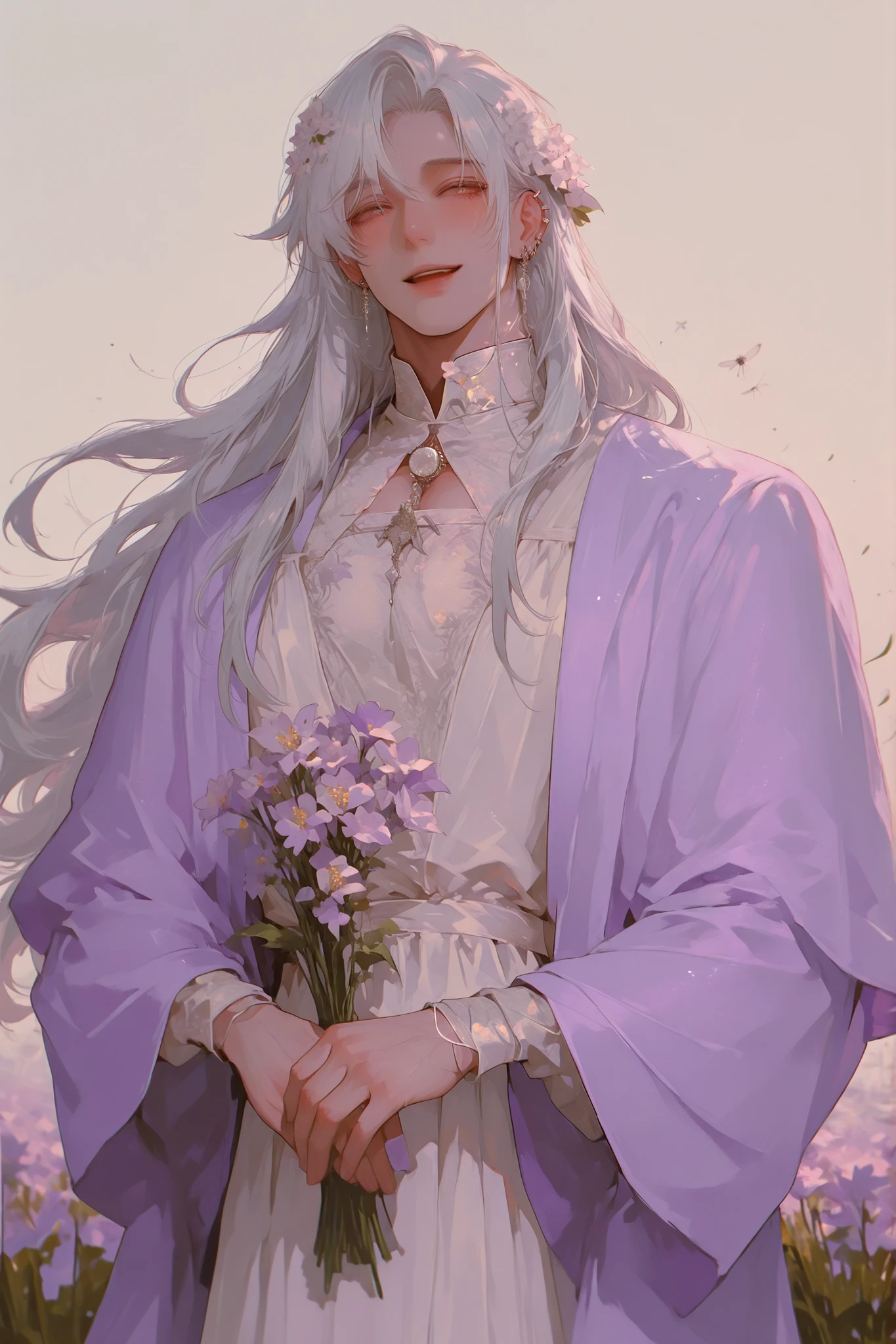 (Only a man) a chubby man, very long white hair flies softly,   Young Beautiful Face , beautiful body,    soft skin ,    soft body    ,large pectoral muscles ,  Toned hips , tender eyes, smiling happily,  wearing an evening dress  , dress , Light purple robe. flower field background. Hugging a bouquet of rapeseed, High wind. flowers in hair , ear piercings. Gemstone Jewelry.