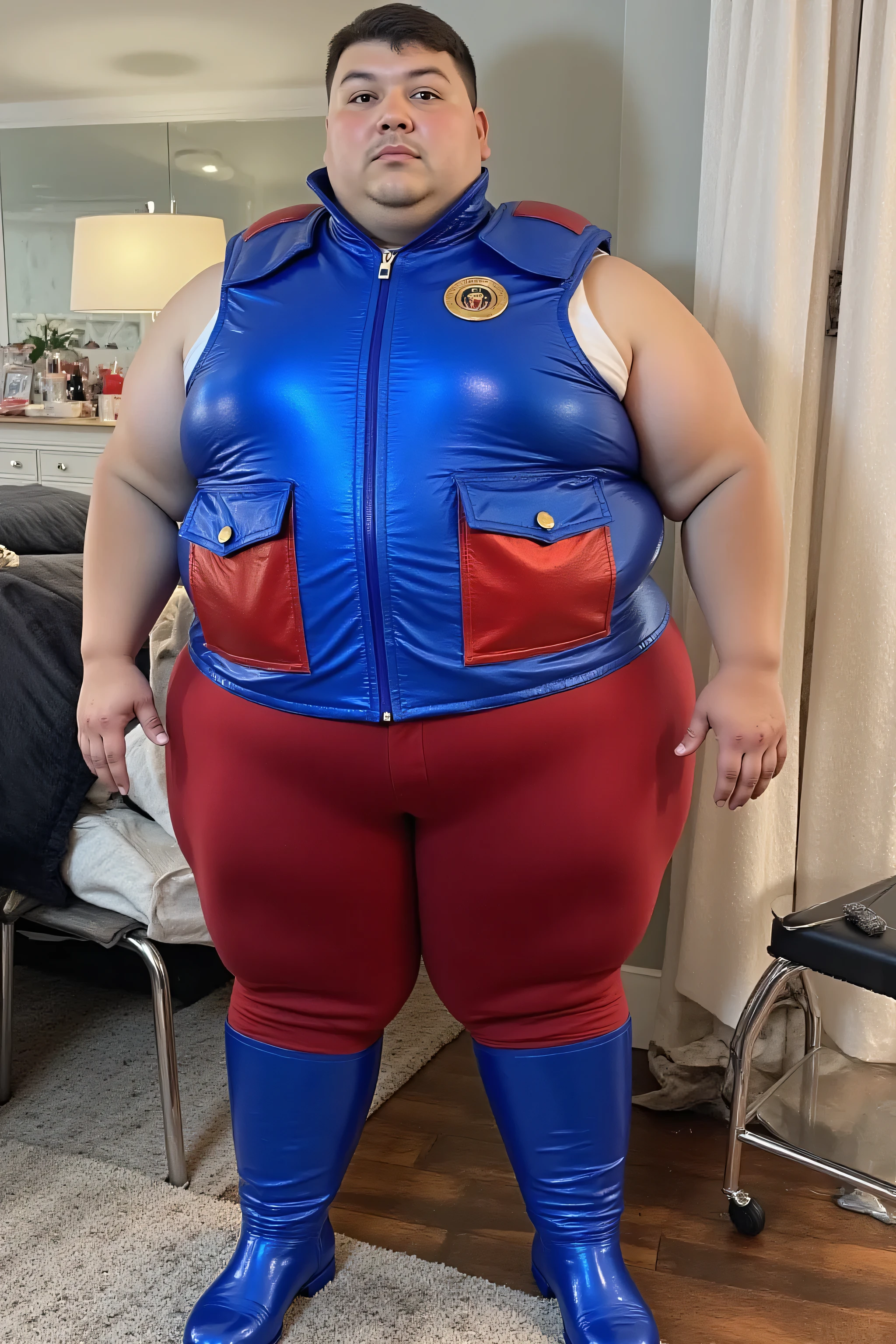 a 54 year old fat asian man 400 pounds full-figured body, wearing a blue metallic vinyl horse riding vest that is bulky stiff and has heavy pads for protection, the vest has metallic red vinyl pockets, the vest has gold accents and zippers, the man wears red vinyl pants, the man wears blue vinyl boots, the man is in an apartment bedroom, futuristic modern design, metallic furniture