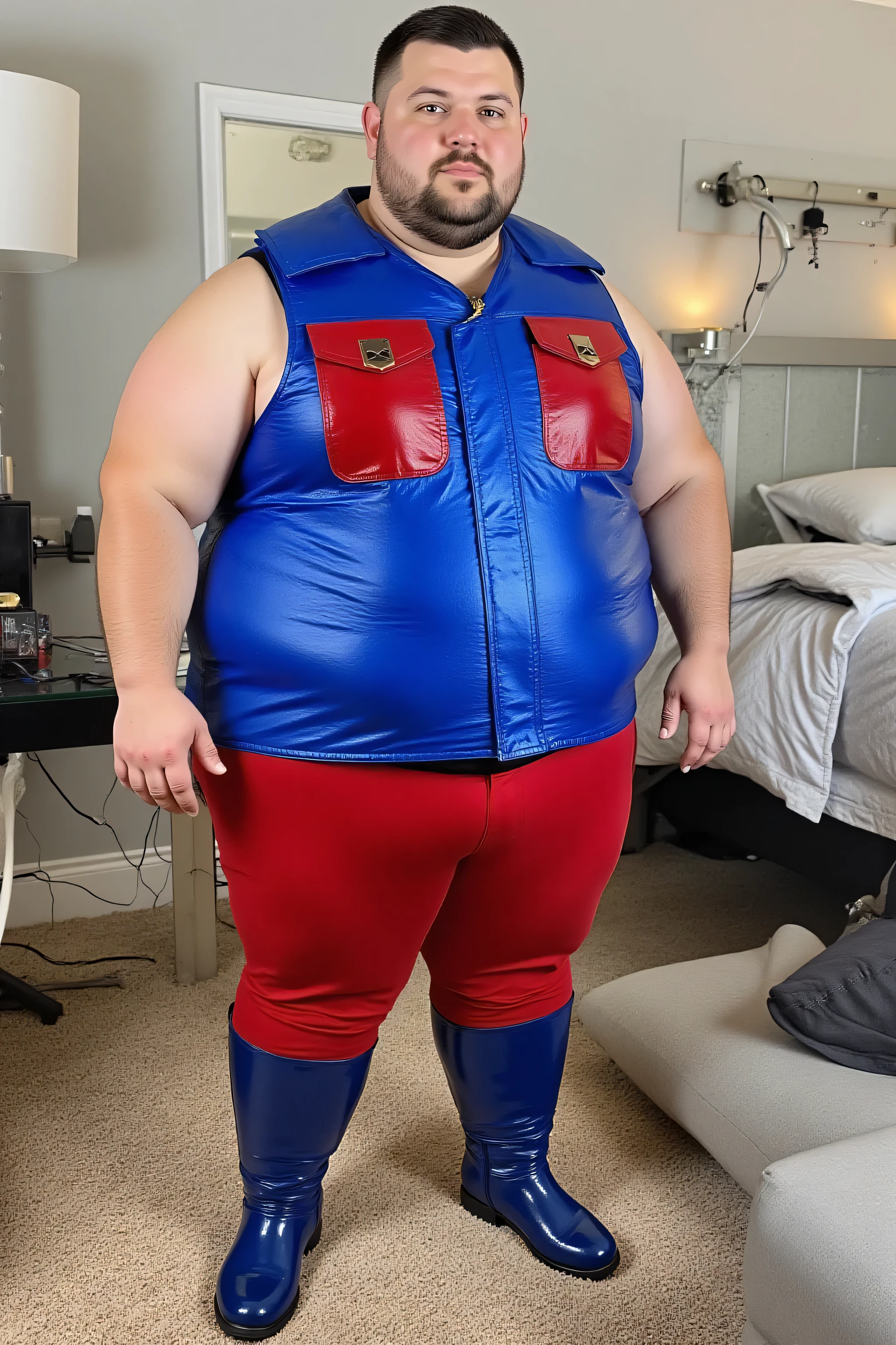 a 54 year old fat asian man 400 pounds full-figured body, wearing a blue metallic vinyl horse riding vest that is bulky stiff and has heavy pads for protection, the vest has metallic red vinyl pockets, the vest has gold accents and zippers, the man wears red vinyl pants, the man wears blue vinyl boots, the man is in an apartment bedroom, futuristic modern design, metallic furniture