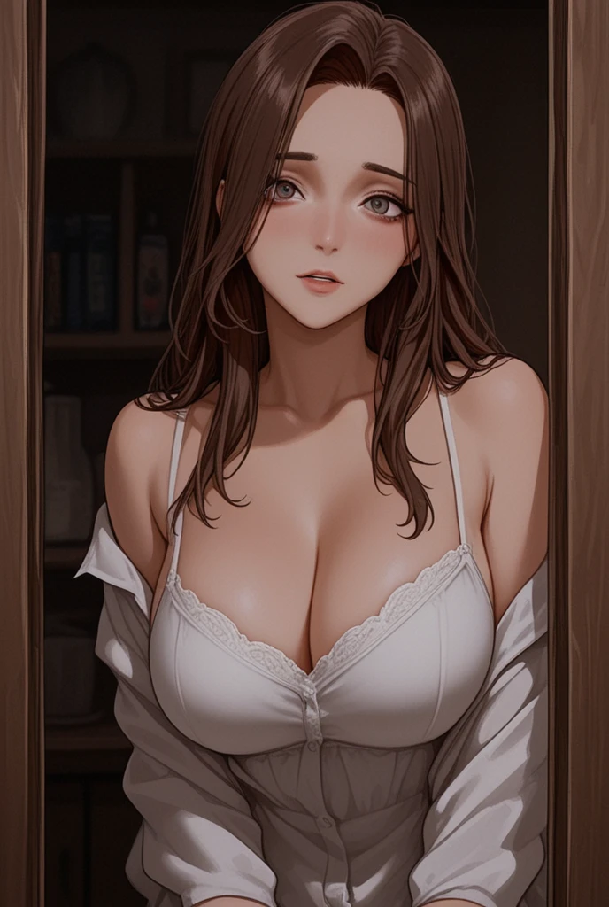 ample breasts、modest brown hair、Wavy Hair、boredom、Woman in her 30s、35 year old、adult lady、(Depressed look、)、White shirt、White panty、boredom、Inside the changing room、Changing clothes、Holding the shirt in your hands、shirt removed、White bra inside shirt、(Naked shoulders、nabel)White underwear、Locker Room、Open Locker、