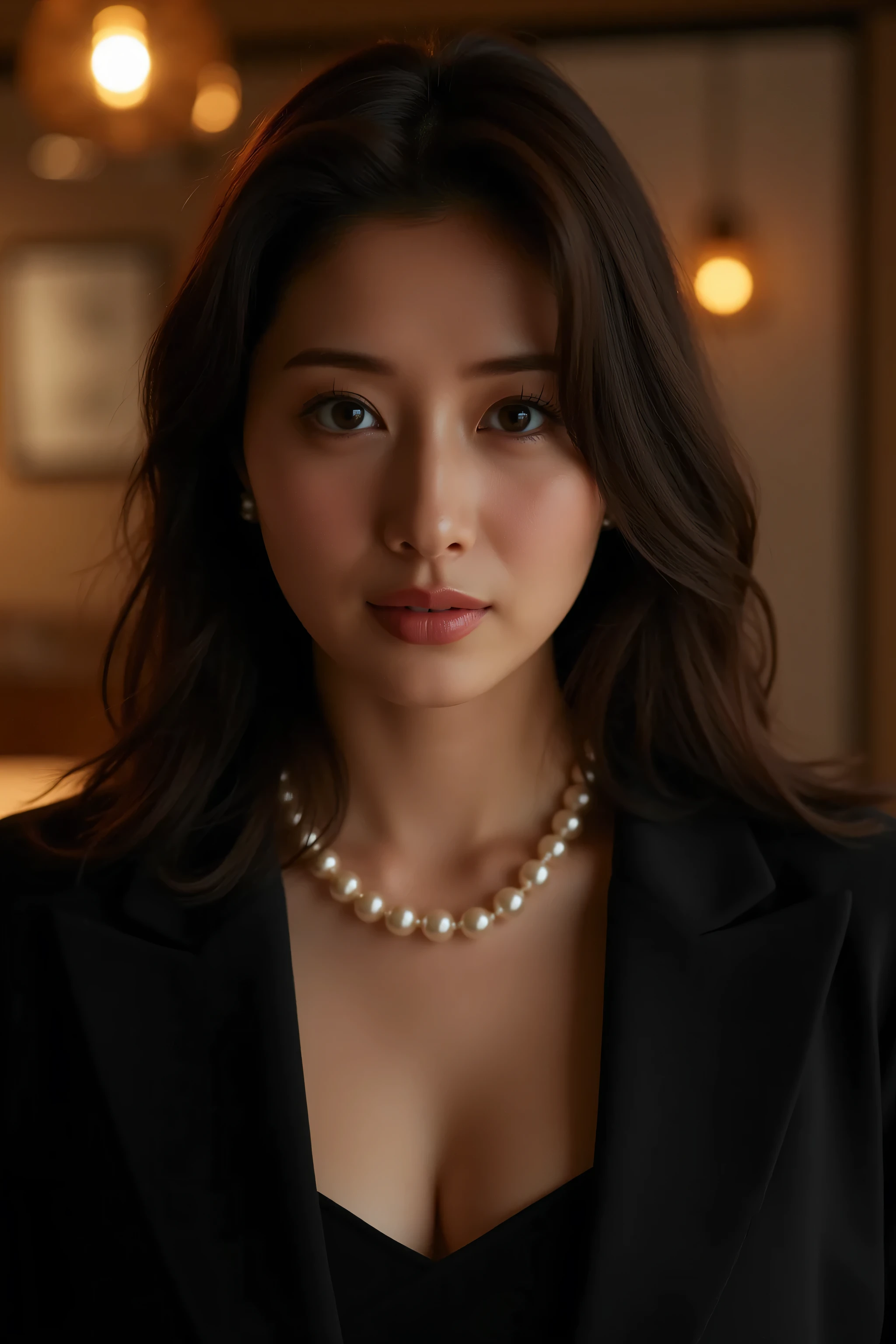 (top quality、greatest masterpiece、8k、best image quality、winning works)、(beautiful 40 year old mature woman:1.4)、 perfect and beautiful composition 、(Black Long Sleeve Jacket:1.2)、(black U-neck inner shirt:1.3)、(cleavage:1.2)、Wrinkled Old Face、big boobs、(face close-up:1.3)、(Perfect large pearl necklace:1.3)、standing gracefully、Modest Light Makeup、 super high resolution beautiful face 、ultra high definition hair、Super High Resolution Sparkling Eyes、Super Hi-Res Gloss Lip、accurate anatomy、(Dusky elegant Japanese-style room background:1.4)、(A dim Japanese-style room with only warm lamp lights:1.5)、(sad expression :1.5)、sliding door、Shoji screen、tatami