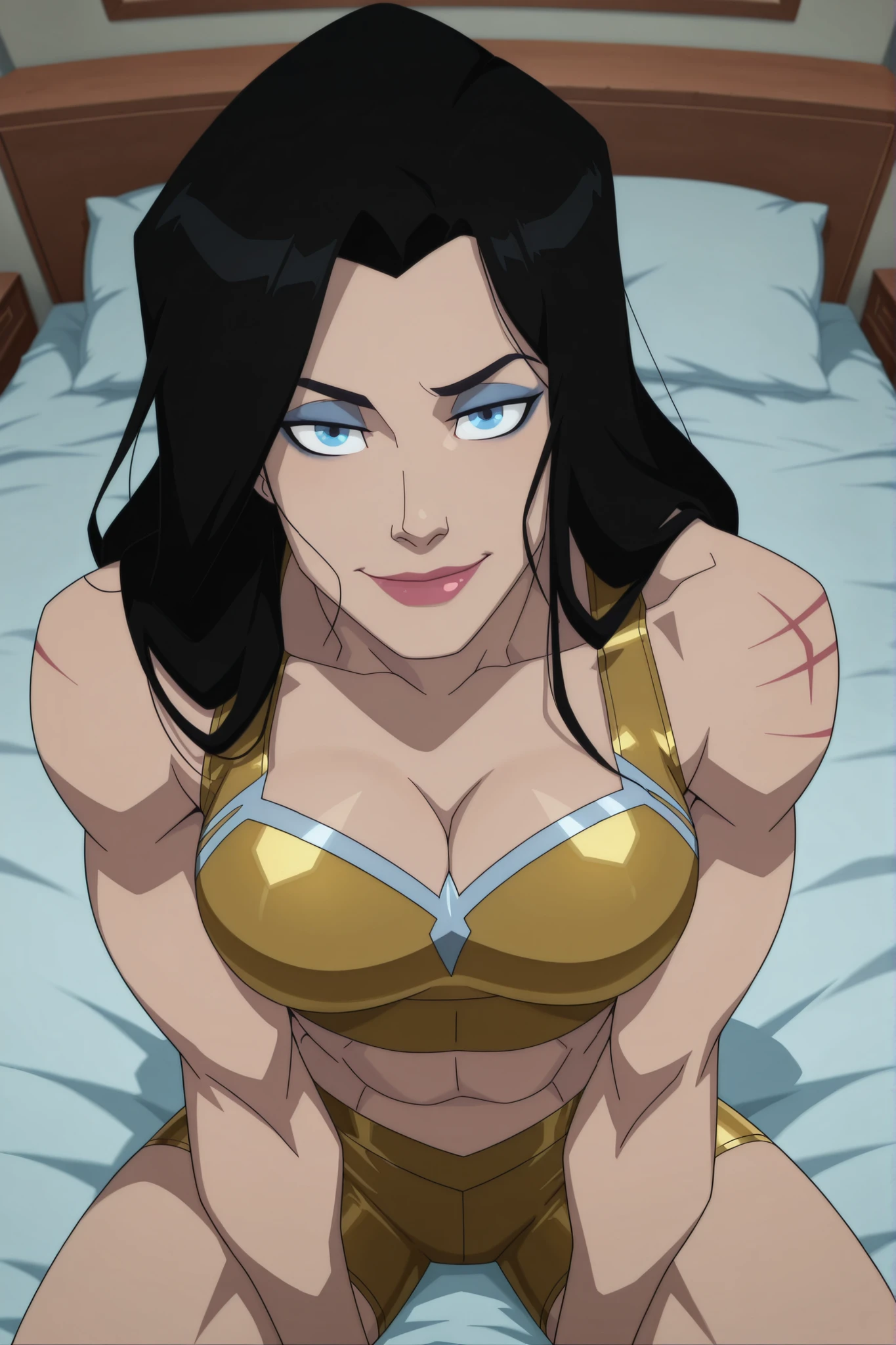 BREAK, score_6_up, score_7_up, score_8_up, score_9, 1girl, solo, long hair, blue eyes, black hair, bare shoulders, blue eyes, muscular female, midriff, bare shoulders, lipstick, makeup, wwBl00d, large breasts, busty, cleavage, curvy, athletic, looking at viewer, seducing viewer, teasing viewer, seductive expression, smiling, closed mouth, bedroom eyes, gold sports bra, gold bike shorts, indoors, bedroom, sitting on bed, closeup, portrait, upper body, high-angle view, blue eyeshadow, black eyeliner, black mascara 