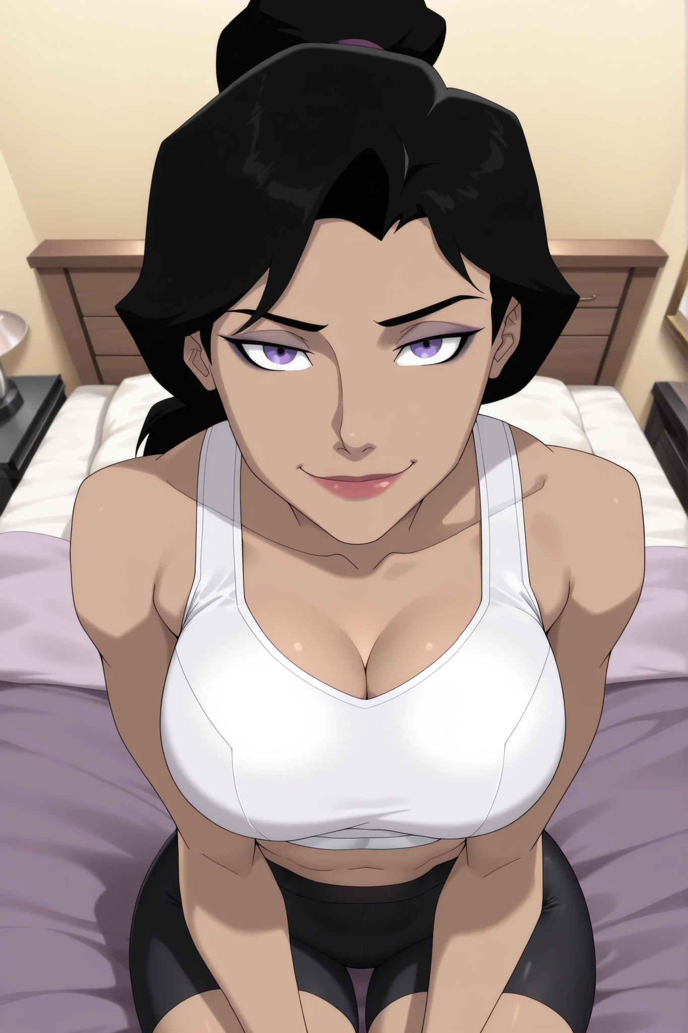 ((parody), perfect anatomy, perfect eyes) BREAK lois lane, black hair, ponytail, purple eyes, lipstick, makeup, ((looking at viewer)), large breasts, busty, cleavage, curvy, athletic, white sports bra, black bike shorts, teasing viewer, seducing viewer, bedroom, indoors, sitting on bed, closeup, portrait, smiling, closed mouth, seductive expression, bedroom eyes, upper body, portrait, closeup, high-angle view, dark purple eyeshadow, black eyeliner, black mascara