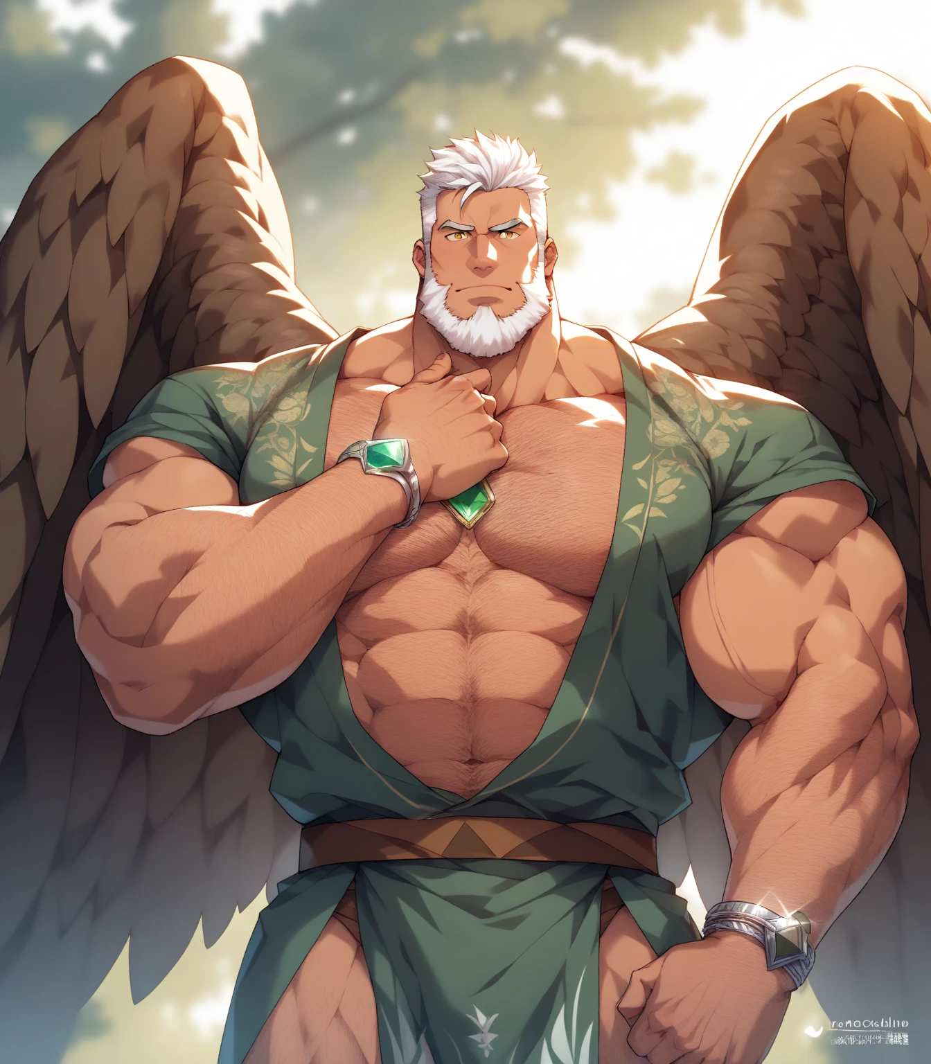 score_9, score_8_up, score_7_up, score_6_up, perfect , perfect proportions, best quality, masterpiece, high_resolution, high quality, aesthetic, absurdres, (male focus), solo male, adult, mature, masculine, manly, handsome, charming, alluring, cowboy shot, dutch angle, source_game \(Tokyo Afterschool Summoners\), source_game \(housamo\), official style \(Tokyo Afterschool Summoners\), official style \(housamo\), Hogen, TASHogen, old man, wrinkle, gold eyes, white hair, short hair, facial hair, beard, TASHogen_outfit04, single horn, Yamabushi outfit, Japanese clothes, , beads necklace, (Yuigesa, red stole:1.7), stole with pom-pom, green hakama, wide pants, geta, Ipponbageta \(one-tooth geta\), hip vent, on one knee, grin, from below, low angle, green wings, simple background