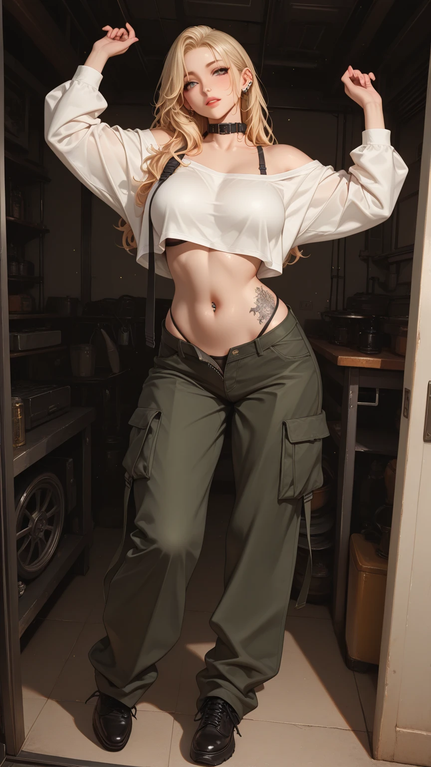 arafed woman taking a selfie in a green crop top, wearing military outfit, military outfit, wearing a sexy cropped top, army girl outfit, outfit photo, wearing crop top, 2 4 year old female model, military girl, crop shirt, (full body shot), ((barefoot)), physical : midriff, with two front pockets, wide hips
