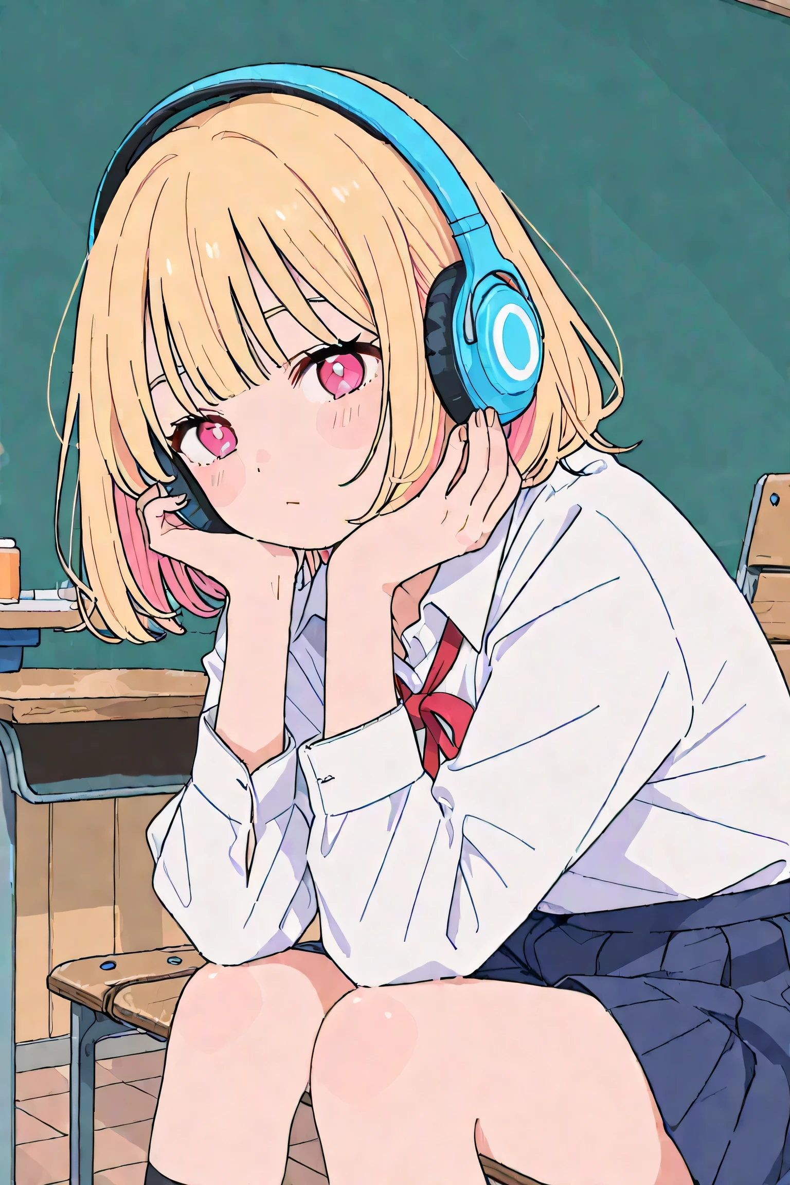 girl wearing headphones、Parker、Strange Expression、School bench、Side Angle、high image quality、High Resolution