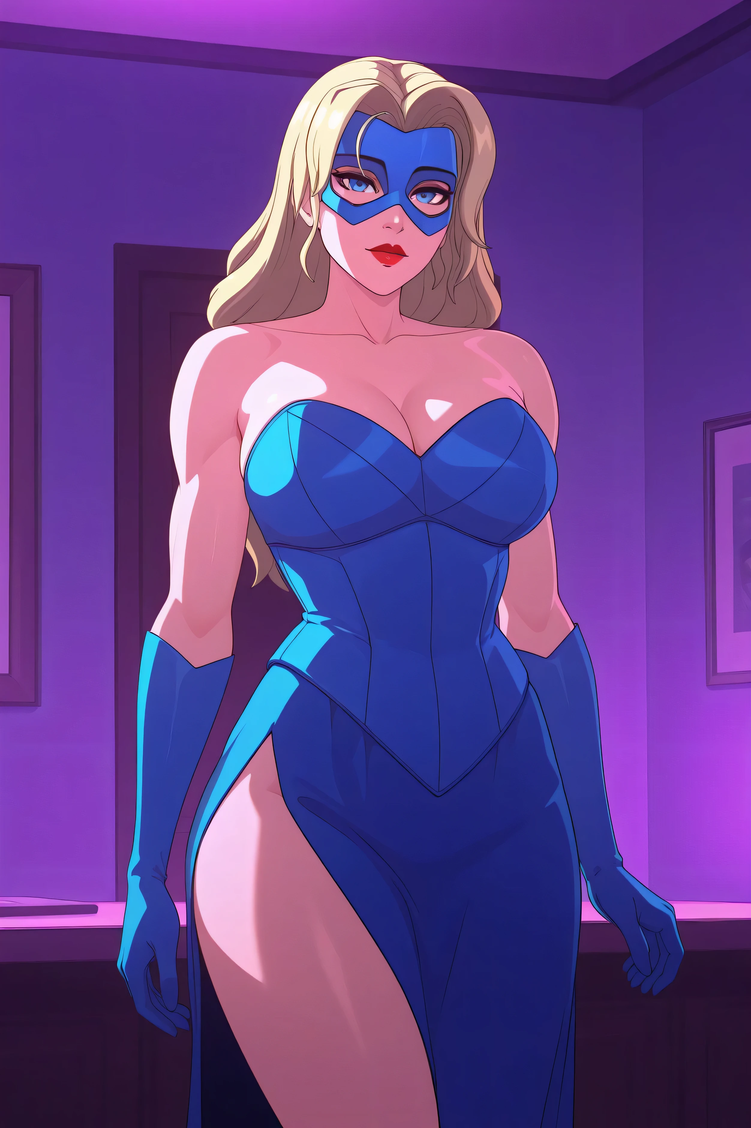 dispatch_blonde_blazer, indoors,red lips,mature woman, adult, big breasts, full lips, slender, closer up, indoors background, closed mouth, perfect face, blue sleeveless strapless bustier dress, bare thigh, wearing a blue mask, elbow length blue gloves, thigh slit, leg slit, standing, toned body, slightly curvy, closer up, perfect face, looking at viewer, sweetheart neckline,