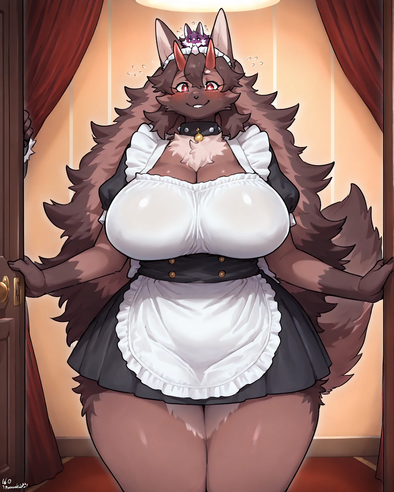 ((best quality)), ((masterpiece)), (detailed), perfect face, Japanese Kobold, voluptuous, medieval clothes, yellow eyes, warrior, brown fur, very short, furry, futanari,