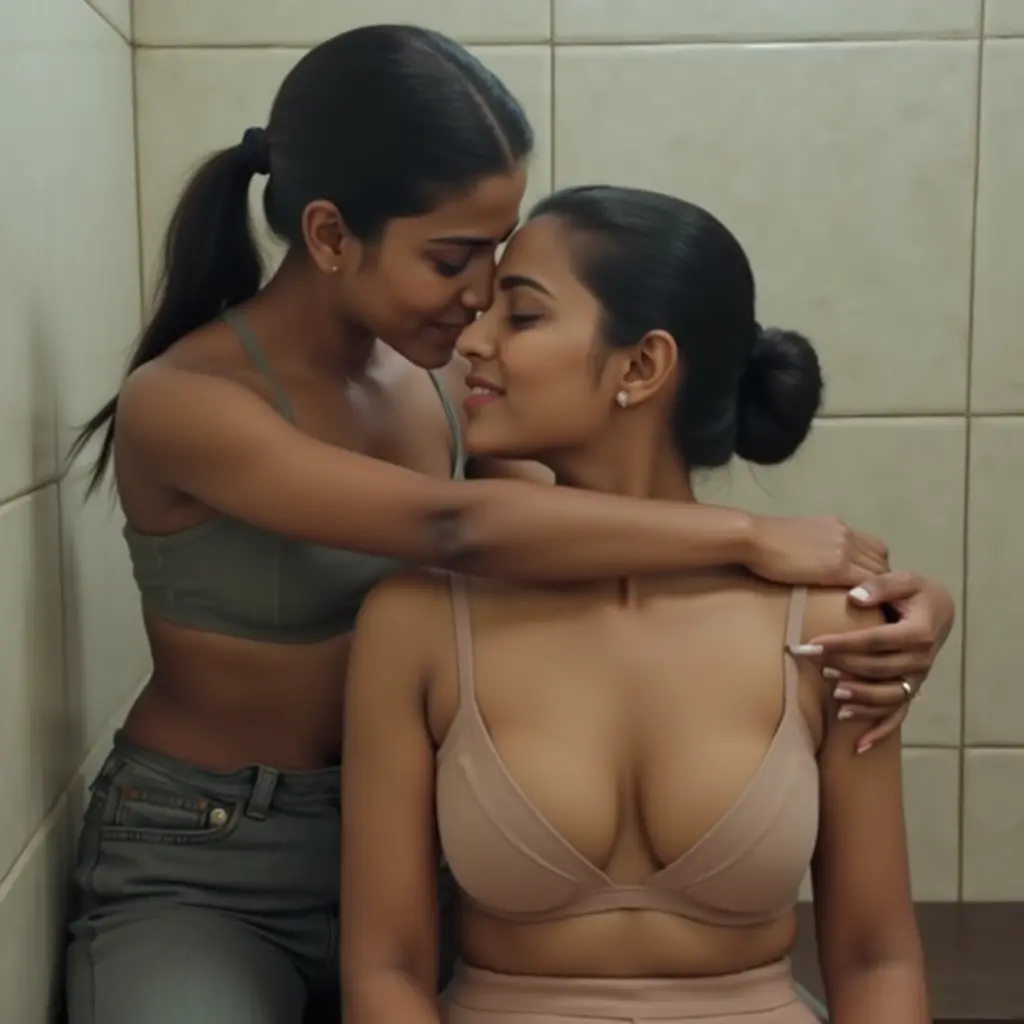 Two extremely beautiful Tamil married women, ??????? , ?????? 35 , year old, location: bathroom, (((extremely hot French kissing poses))) for ??????????? magazine, (very very short hair military hair cut), expensive pantyhose , HDR, hyper realistic, intricate detailing