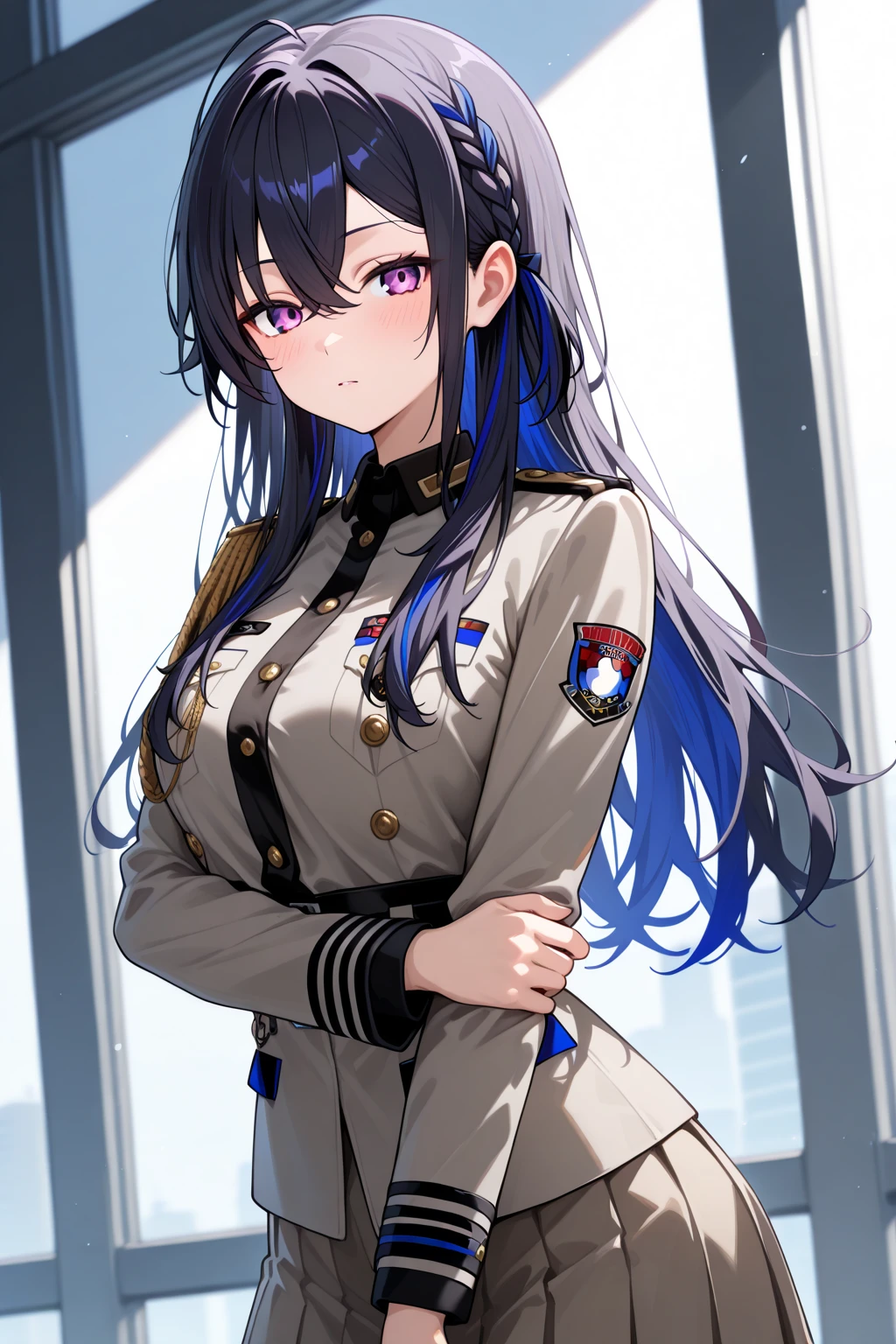 A girl with long straight purple hair and purple eyes with tan skin and full breasts standing straight facing the viewer in a  uniform, perfect,