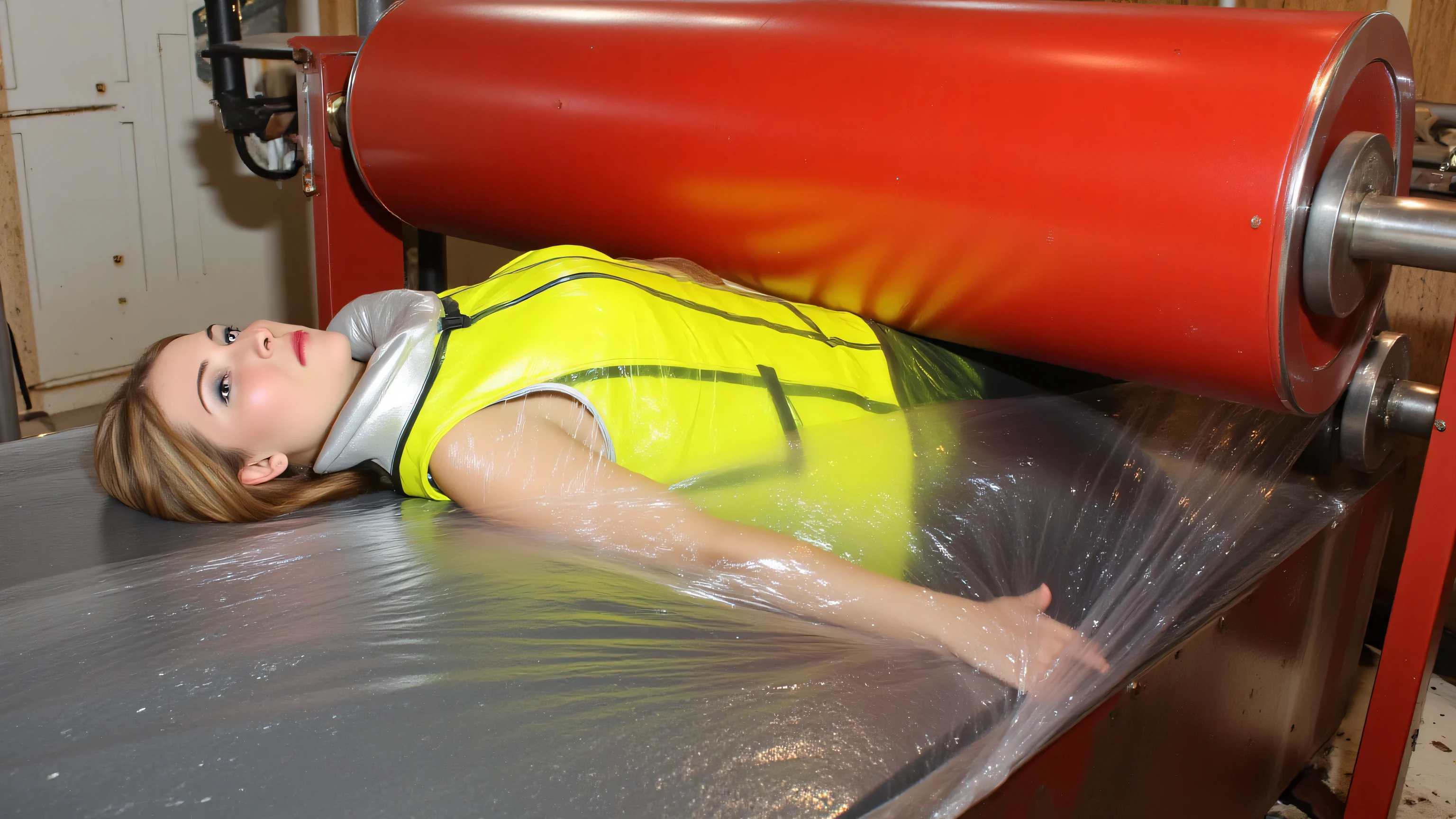 a 34 year old woman wearing a bright yellow horse riding vest with no pockets and a sealed front, the vest is permanently closed around the woman, the vest obscures the womans face beneath a very tight high collar, the collar is shiny silver leather, the woman lays on a conveyor belt wearing black leather pants, the woman is covered in a large sheet of plastic, a giant steaming red rubber roller is crushing her flat