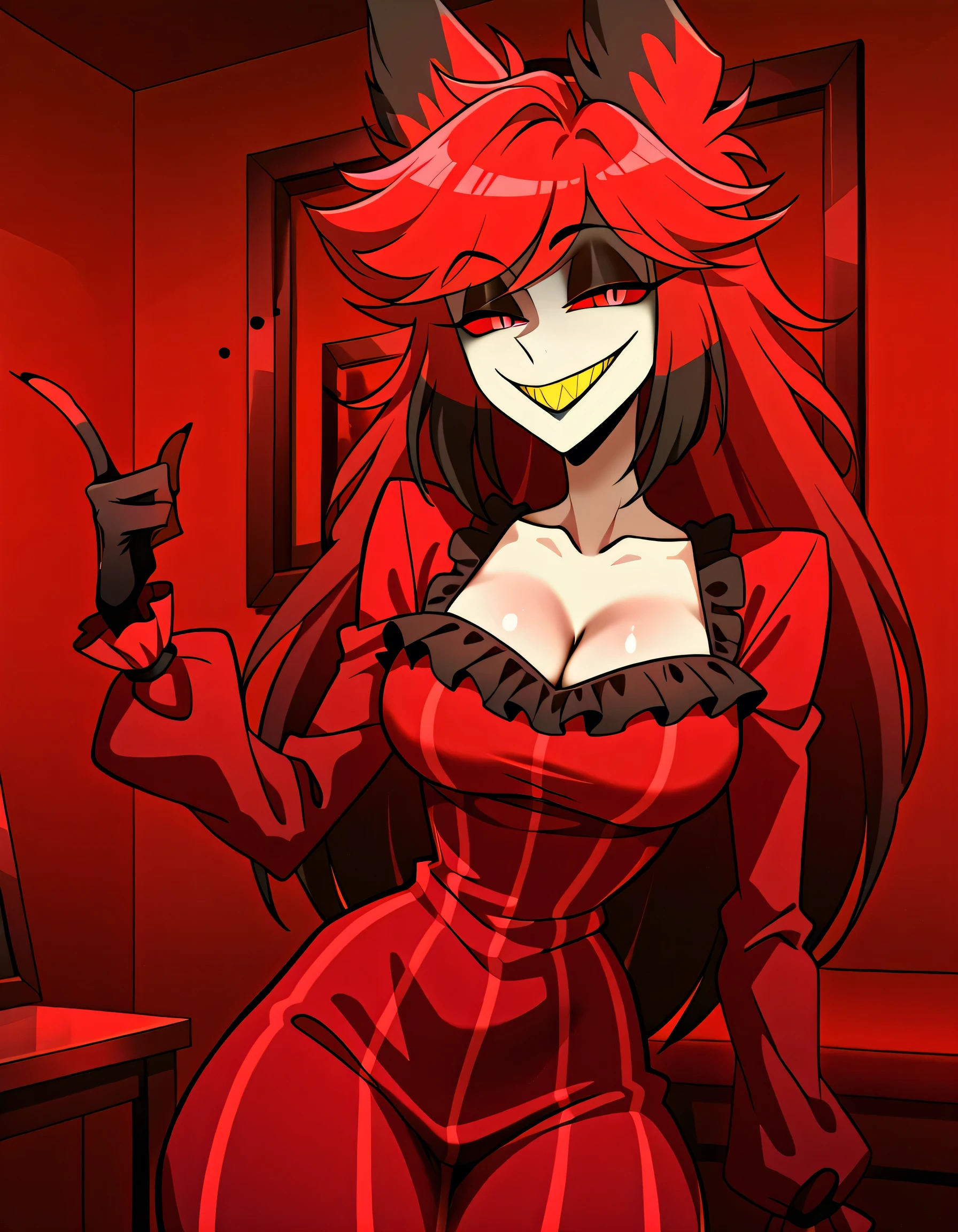 AlastoriaSDXL, 1 girl, beige skin, ((long hair)), ((long dark red dress from the 1910s)), ((puffed sleeves)), ((black ruffles on the dress)), ((cleavage on the bust)), ((long skirt)),black gloves, animal ears, red sclera, red hair, striped, black pupils, red eyes, formal, ((black lips)), sharp teeth, yellow teeth, ((large breasts)), ((slim body)), wide hips, half-closed eyes, smile, looking at the viewer, index finger, upper body, Dark-red living room
