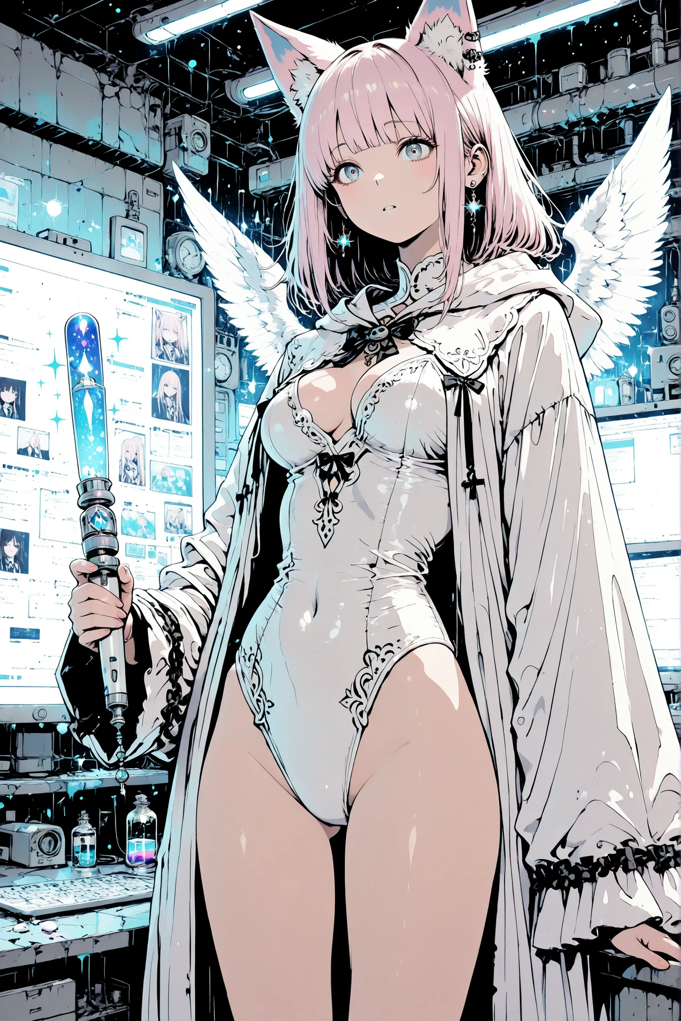 Laboratory destroyed by war, The alchemist girl who broke in through a secret entrance is checking the status of the facility, sealed equipment is dusty but there is no problem with use, drugs have not deteriorated, and there is no problem with the girl sleeping in the transparent capsule, keeping the operating level to a minimum so as not to be discovered by the enemy, The girl inside the capsule wakes up, white leotard、Decorated Robe、Alchemist Outfit、magic wand、Photorealistic Expressions、Professional Lighting Effects、(masterpiece: 1.3), highest quality, highest level, intricate details, 8k, high resolution, Close up of a girl,