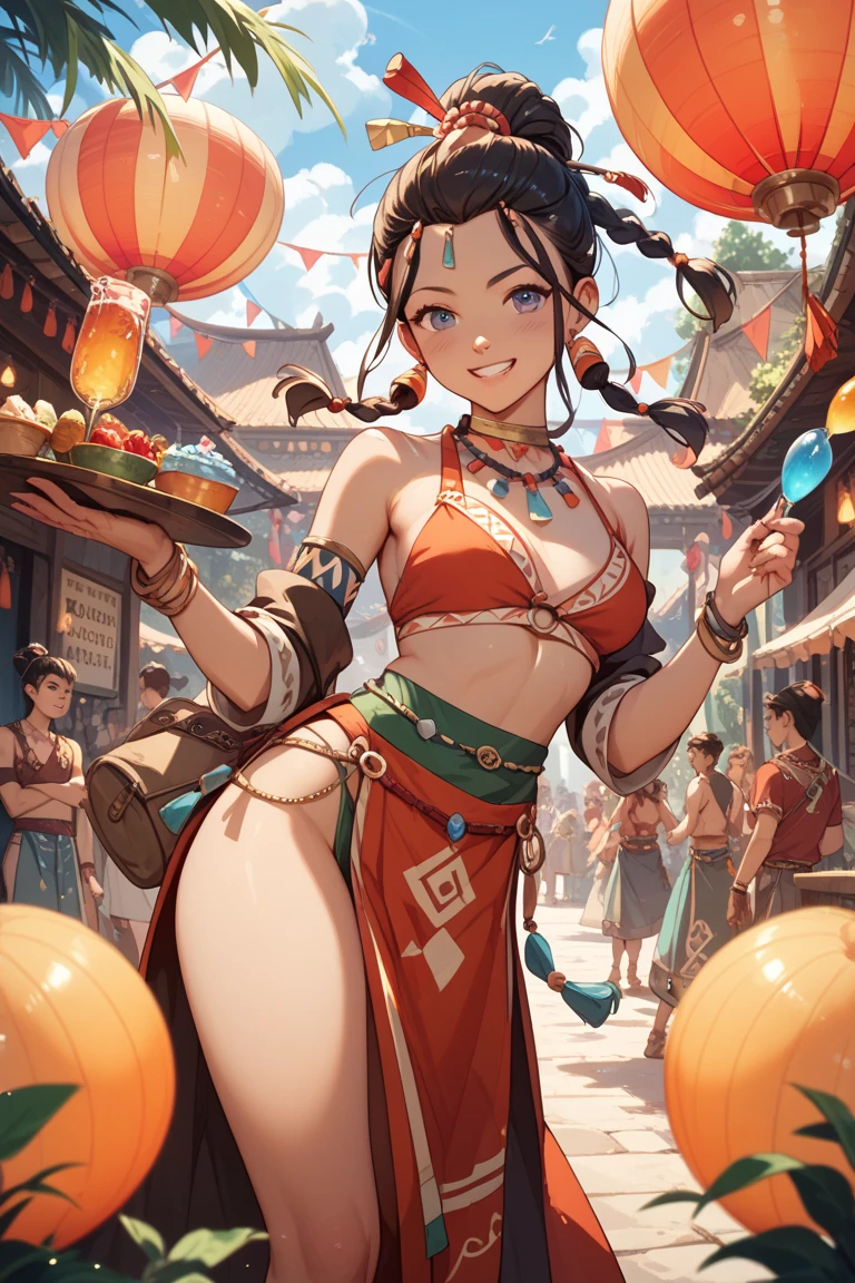 Masterpiece, top quality, best quality, official art, beautiful and aesthetic, extremely detailed, colorful, highest detailed. Stunning Beauty Voluptuous Javanese Herbal Peddler. Brown skin. Smile. Wearing green strapless tank top, ?????????? ?????, and batik shawl. She's wearing a hair bun in her short hair. Beautiful shoulders, ??????????, beautiful belly, beautiful big waist, beautiful ??????, beautiful legs, and beautiful toes. Swallow rubber sandals. She's holding a basket full of herbs. Full body photo, head to toes, wide angle. Background in public street. HD image, very detailed ???????, very detailed background.