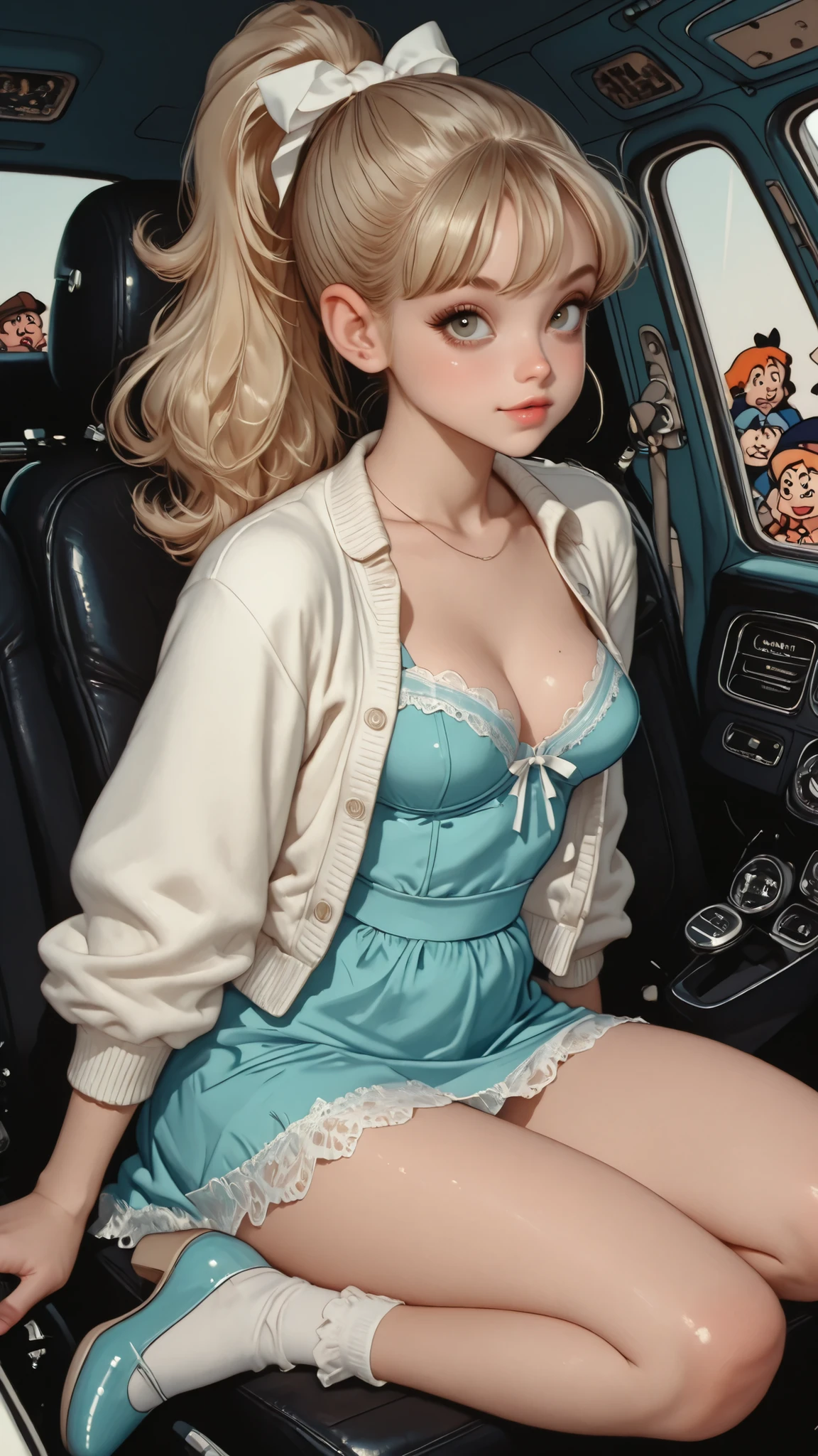 3DMM,by Tsukushi Akihito, cute face, morimee_style. Adult blonde girl doing cosplay inspired by Olivia Newton-John’s iconic look from Grease.  The sweet 1950s “good girl” outfit: pastel blue dress, white cardigan, white socks, pastel shoes, and a high ponytail with a white ribbon. She sits in the driver’s seat of a classic European convertible, posing confidently as if preparing for a retro-themed photoshoot. Nostalgic retro style. Her blouse shows layered lace details in a tasteful, SFW way to evoke vintage fashion. Manga-comic composition, monochromatic, black and white, with a small corner panel featuring cute stikers, expressive chibi-style reaction icons. her dress is pulled down in the front and we can see her super  lace lingerie and stocking with a micro t-string 