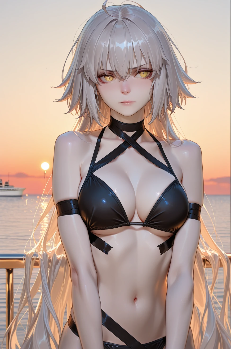 {{masterpiece}}, best quality, extremely detailed CG unity 8k wallpaper, cinematic lighting, lens flare, beautiful detail eyes, black,  side glance,  multicolor short white hair, colorful light, particles, heterochromia, (colorful:1.5), (colorful hair:1.5), , no , show body goal,, beach view, 