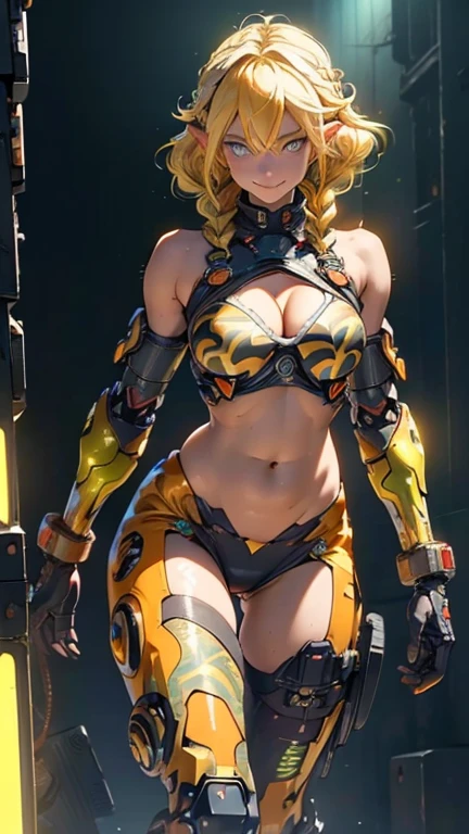 Un llamativo, highly realistic photo of a woman dressed as Pikachu from Pokémon, with a vibrant representation of the costumes and an electric backdrop.