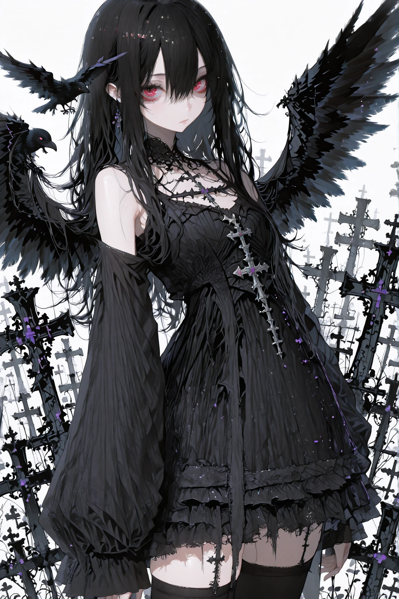 darkness falls crow girl, ((solo)), (masterpiece, detailed:1.2), cute, beautiful black-hair, messy long hair, beautiful eyes, jeweled eyes, black wings, looking viewer, sloping shoulders, standing, centered composition, (Thin and soft loose clothing:1.3), black crow inspired dress, (tattered costume:1.2), (soft fabric:1.4), sheer sleeves, relaxed silhouette, fantasy, shimmering atmosphere, cinematic rim lighting, SFW, graveyard background,